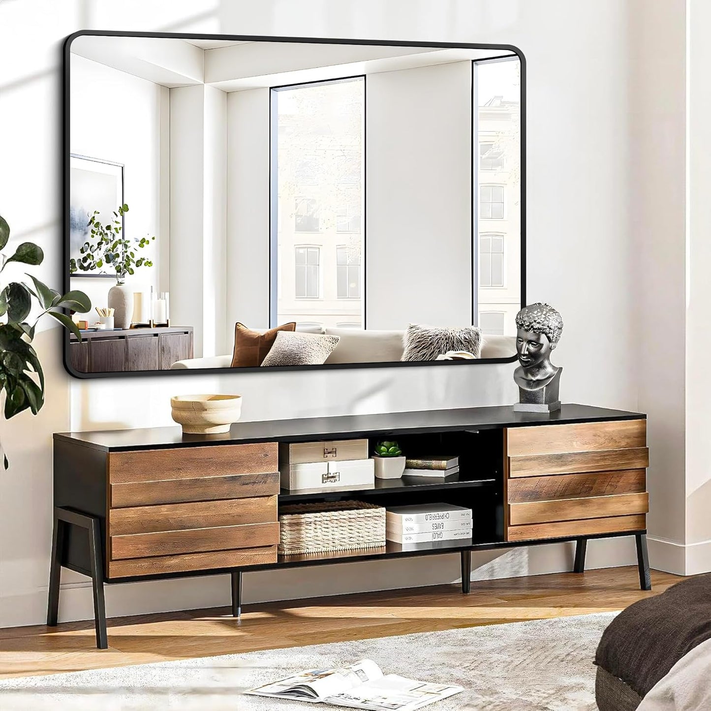 FORBATH Large Bathroom Mirror 48 x 36 Inches，Black Large Wall Mirror Aluminum Frame Wall Mounted Rounded Corner Morndern Mirror for Bathroom Bedroom Entryway Living Room