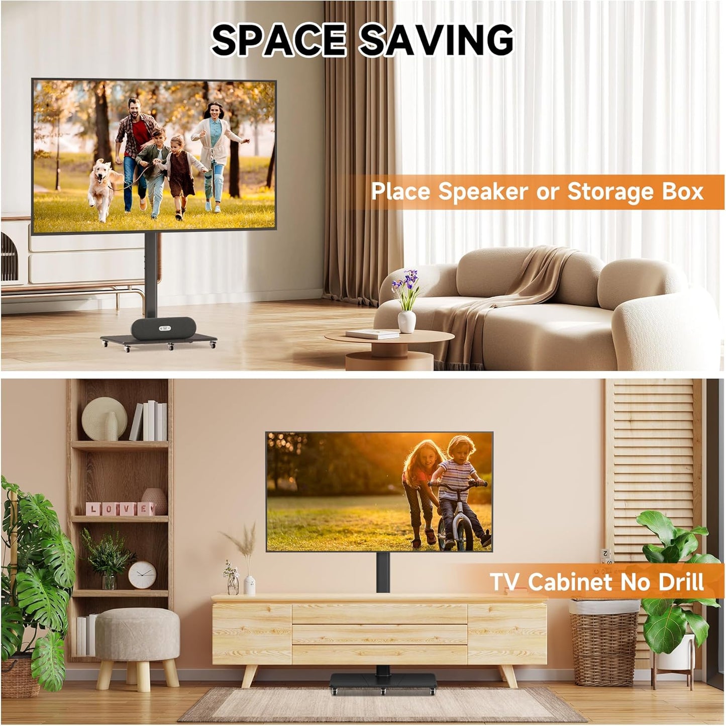 Tall Floor TV Stand for 32-75" TV Portable Rolling TV Cart with Wheels Height Adjustable with Wood Base, Holds up to 88 lbs, Max VESA 600x400mm TS005HB