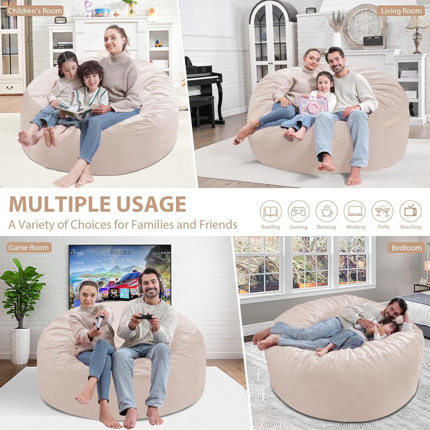 5FT Bean Bag Chair, Large Bean Bag Chairs with Memory Foam Filled, Fluffy Beanbag Sofa with Dutch Velvet Cover, Round BeanBag Chairs for Living Room, Playroom - Beige