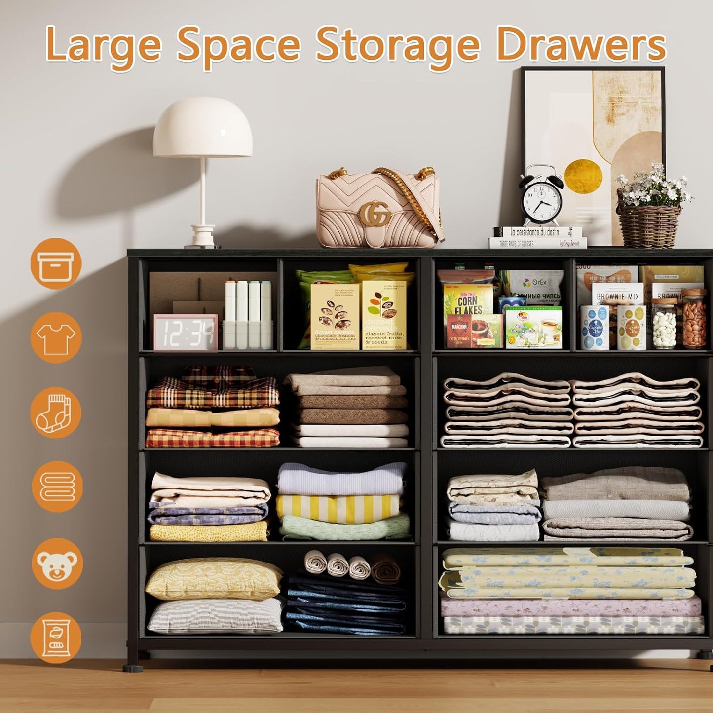 Furnulem Bedroom Dresser for 55”Long TV Stand Entertainment Center Dressers & Chests of Drawers,10 Storage Fabric Drawer, Sturdy Metal Frame Tall Storage Cabinet for Living Room, Entryway, Black Oak