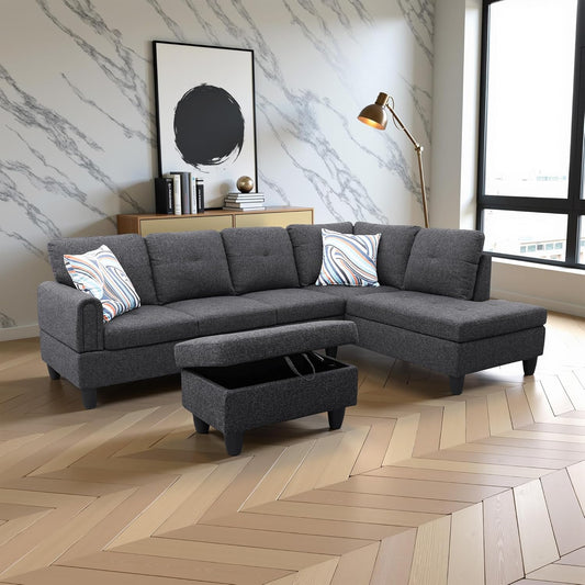 Couches for Living Room Modern L Shaped Couch Comfy Linen Fabric 3 Pieces Sectional Sofa with Chaise, Ottoman with Storage for Office and Small Apartment, Dark Grey