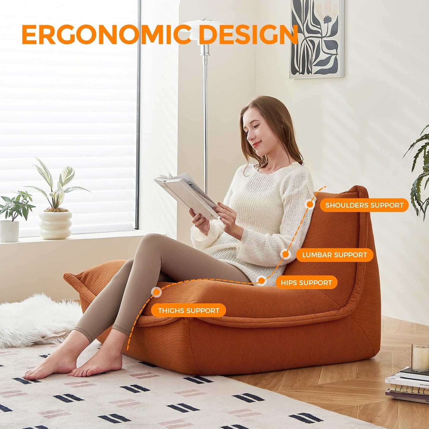 Bean Bag Chairs for Adults Giant BeanBag Chair Sofa Memory Foam Bean Bag Chair Couch with Ergonomic Design for Adults and Kids Home Living Room Bedroom Office Home Gaming Salon(Caramel Color)