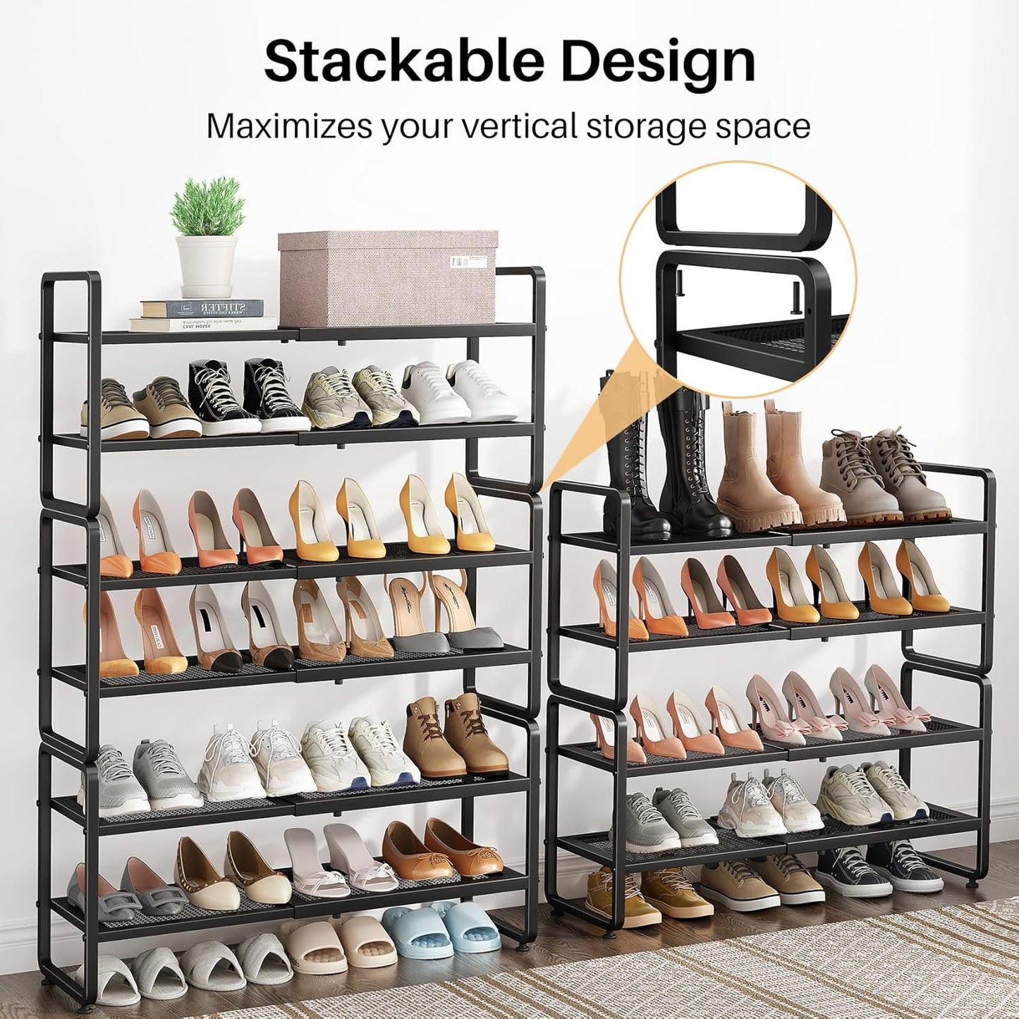 Shoe Rack - Expandable Shoe Organizer for Closet, Adjustable Metal Shoe Shelf Storage, 4 Tier Stackable Long Shoe Stand Holder for Garage, Entryway, Door Entrance, Black