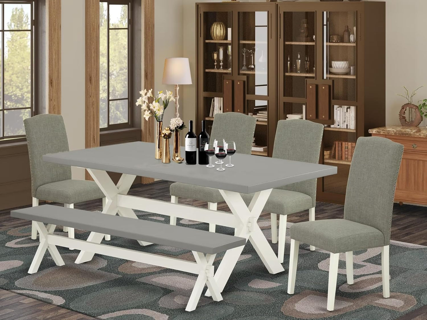 East West Furniture X097EN206-6 6 Piece Dining Set Contains a Rectangle Dining Room Table with X-Legs and 4 Dark Shitake Linen Fabric Parson Chairs with a Bench, 40x72 Inch, Multi-Color
