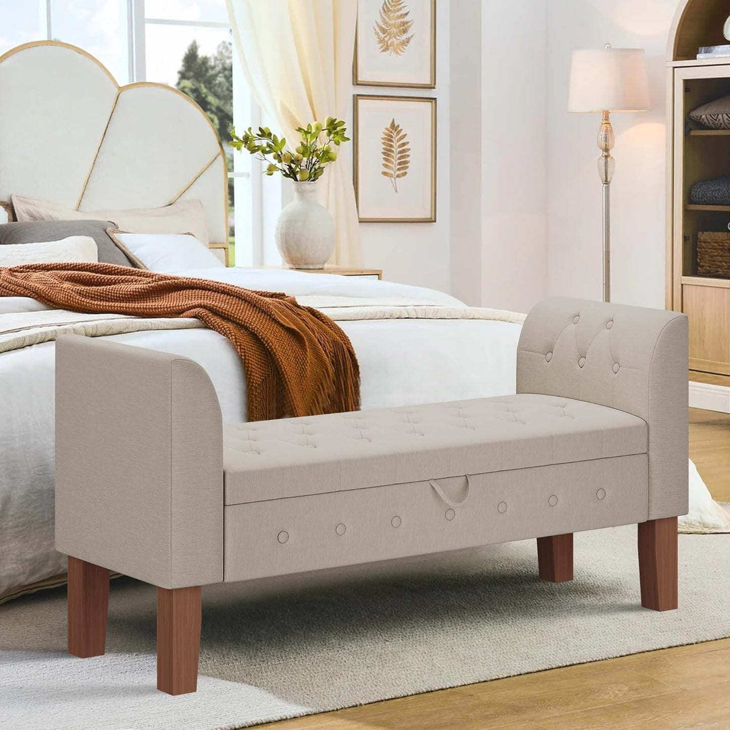 Awonde Upholstered Storage Bench with Arms Ottoman Bench for Bedroom Entryway Living Room Khaki