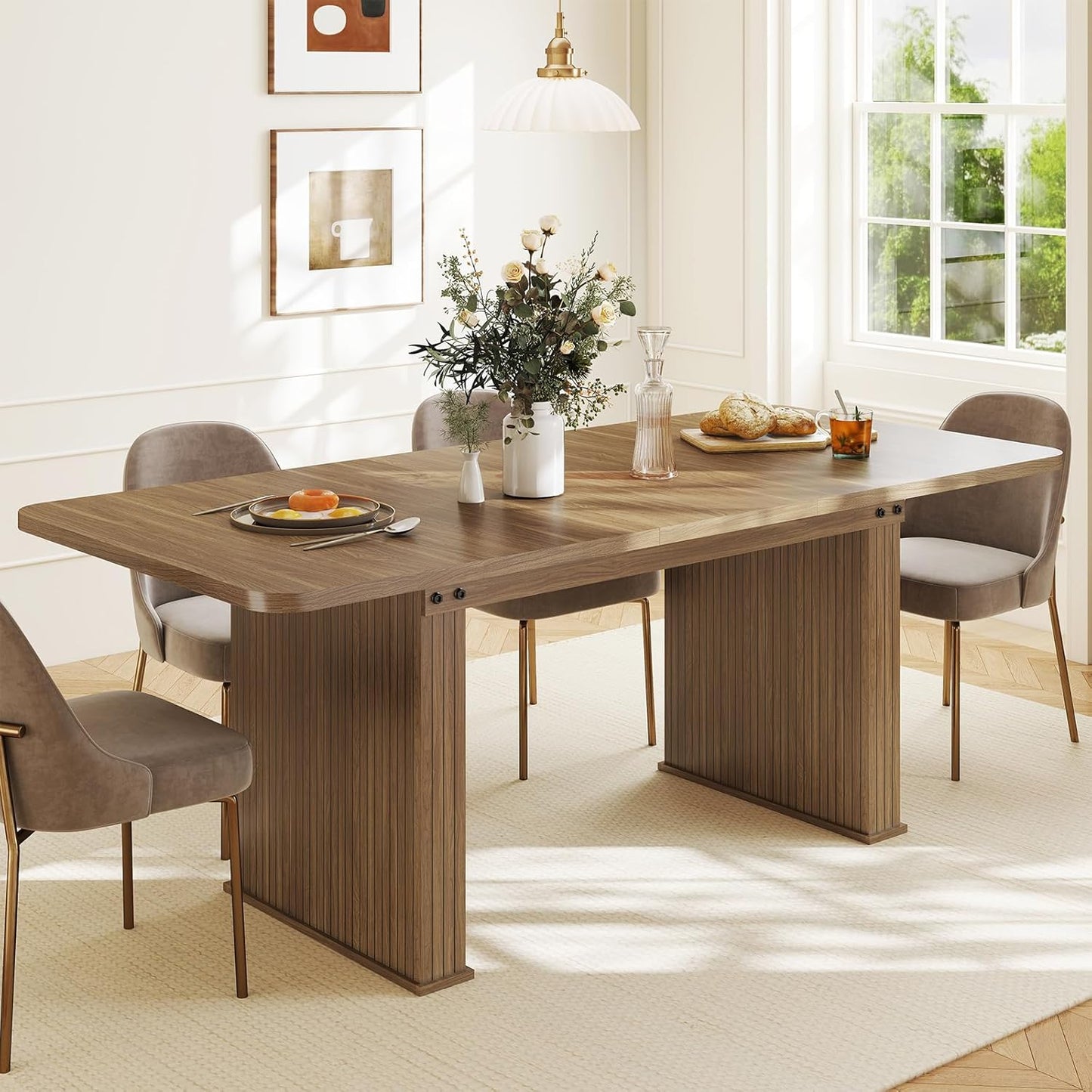 63"-78.7" Expandable Dining Table, 6-10 Farmhouse Kitchen Table, Extendable Dining Table, Rectangular Table with Metal Track, Widened Wood Striped Legs for Dining Room, Office-Beige Brown