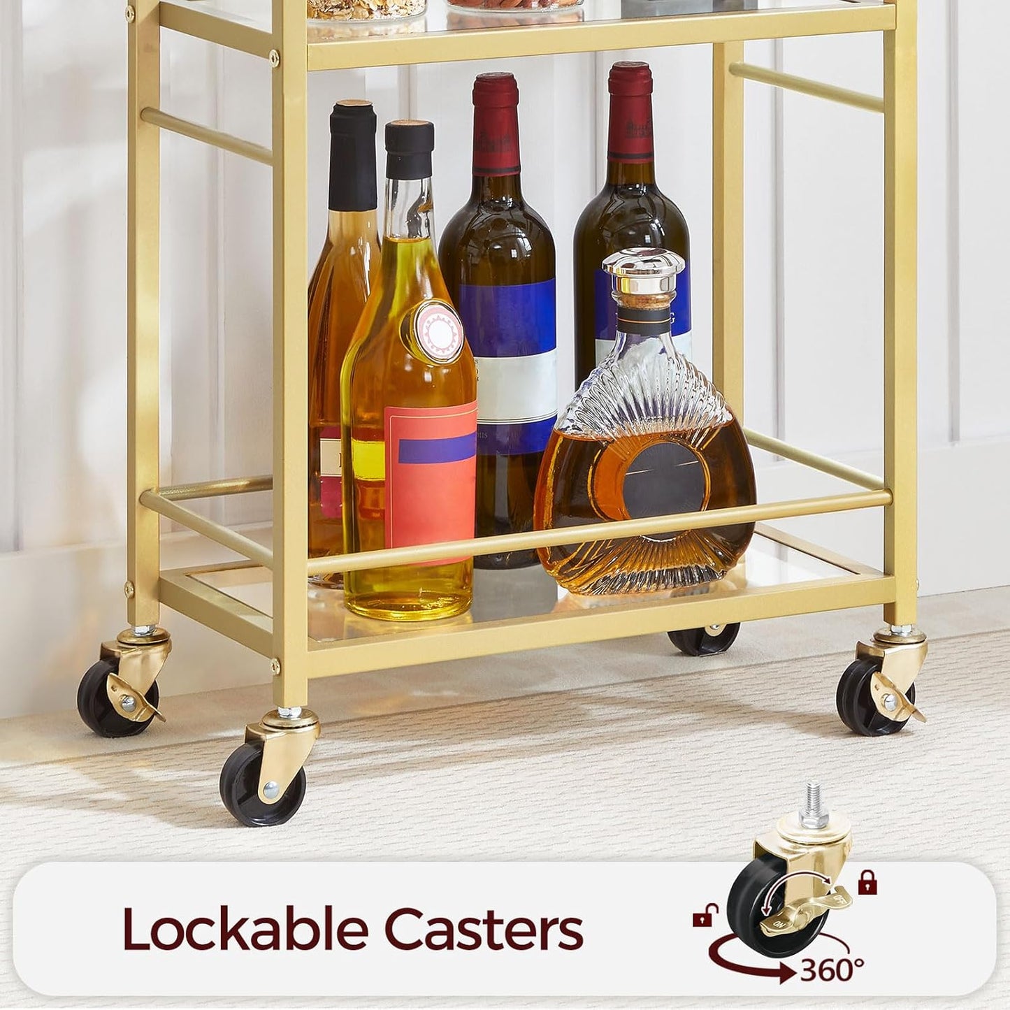 Bar Cart for The Home, 3-Tier Drink Cart on Wheels, Home Bar Serving Cart, Mini Bar Cart for Small Space, Kitchen, Dining Room, Gold RCJ40B01