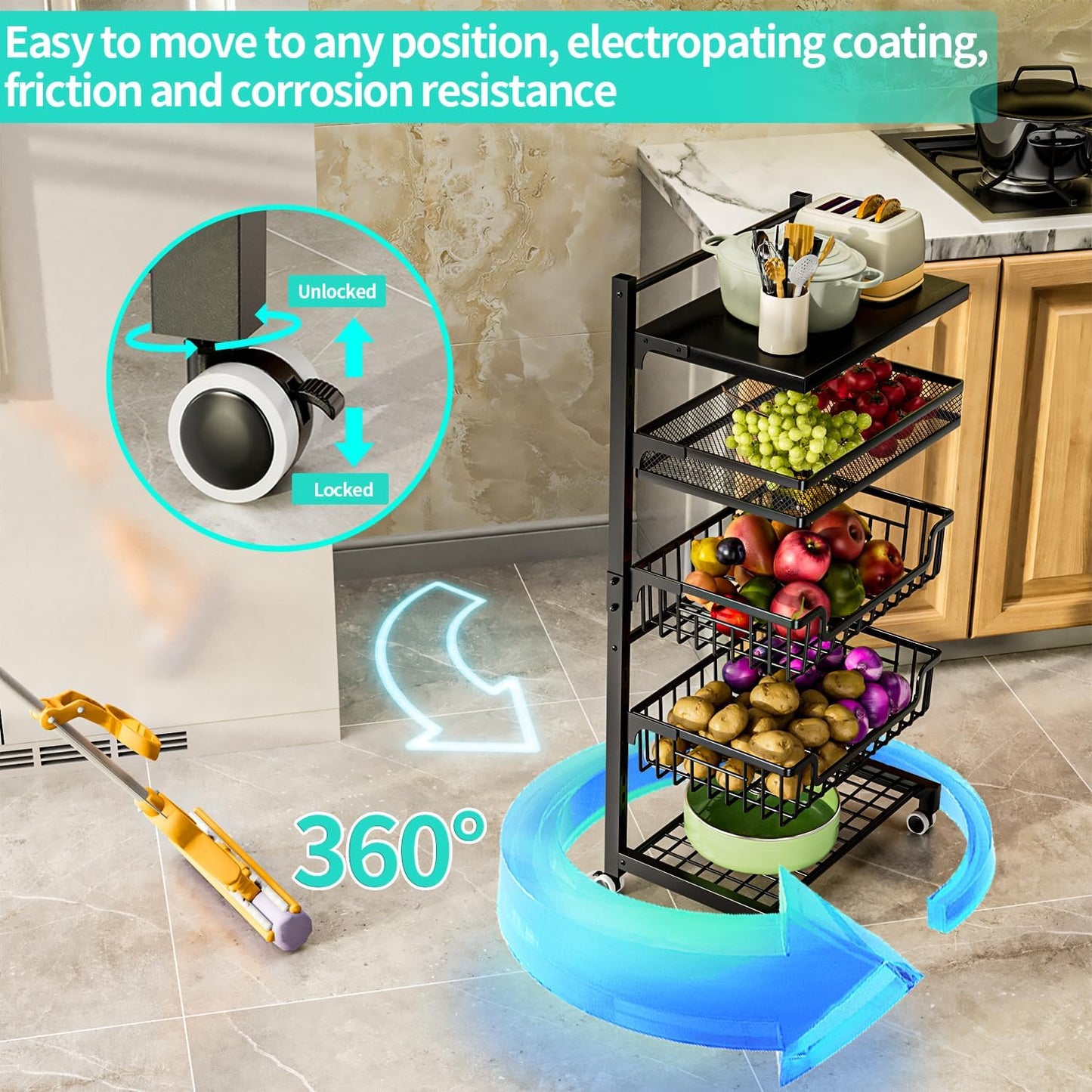 HapiRm Fruit Basket Kitchen Cart - 5 Tier Adjustable Vegetable Storage Rack, Large Capacity Rolling Kitchen Carts on Wheels for Snack Onion and Potato Storage