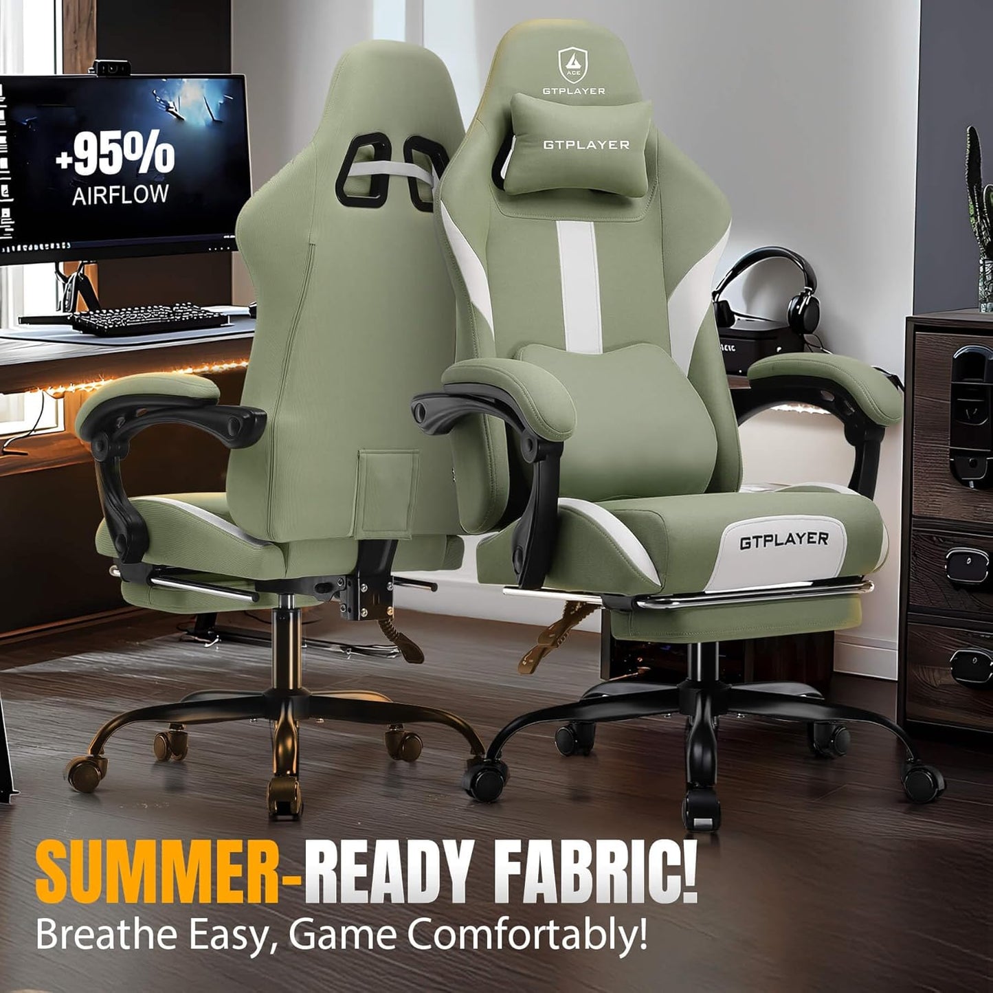 GTRACING Gaming Chair with Foot Rest & Pocket Spring Cushion, Breathable Fabric for Home Office Desk, Ergonomic High Back Computer Chair with Headrest & Lumbar Support, Green