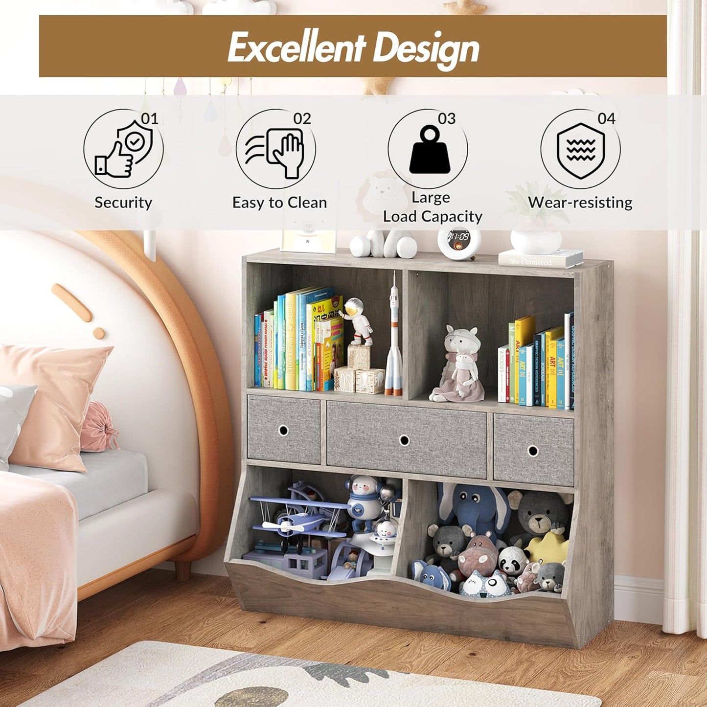 IDEALHOUSE 7-Cubby Large Kids Toy Storage Organizer, Children Wood Bookcase and Bookshelf, 3-Tier Toy Storage Cabinet with 3 Drawers for Hallway, Playroom, Living Room, School,Gray