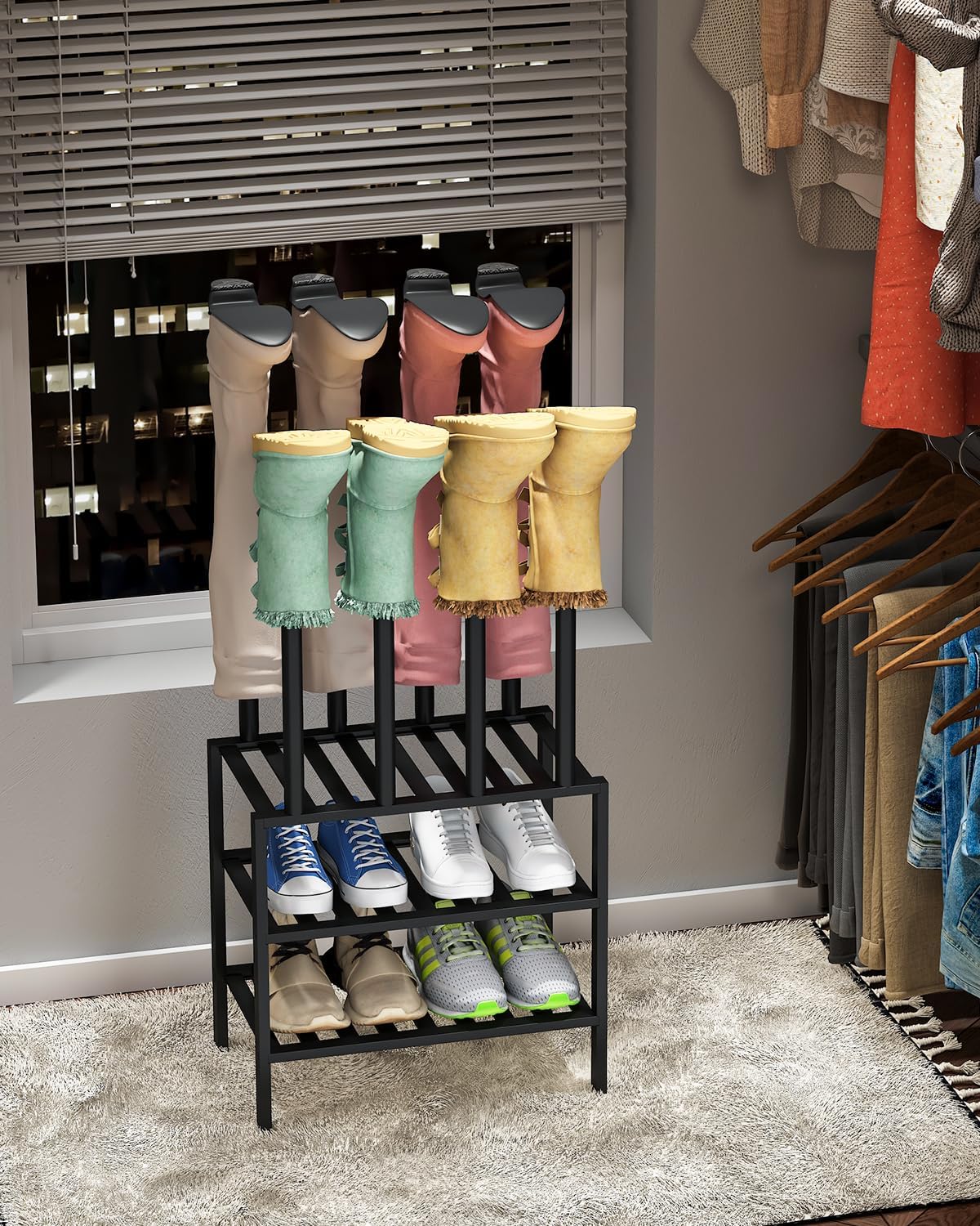 Black Boot Rack, Small Boot Rack Organizer Tall Boots with Shoe Rack for Closet, Bamboo Wood Shoe Shelf Storage Organizer for Entryway Small Space