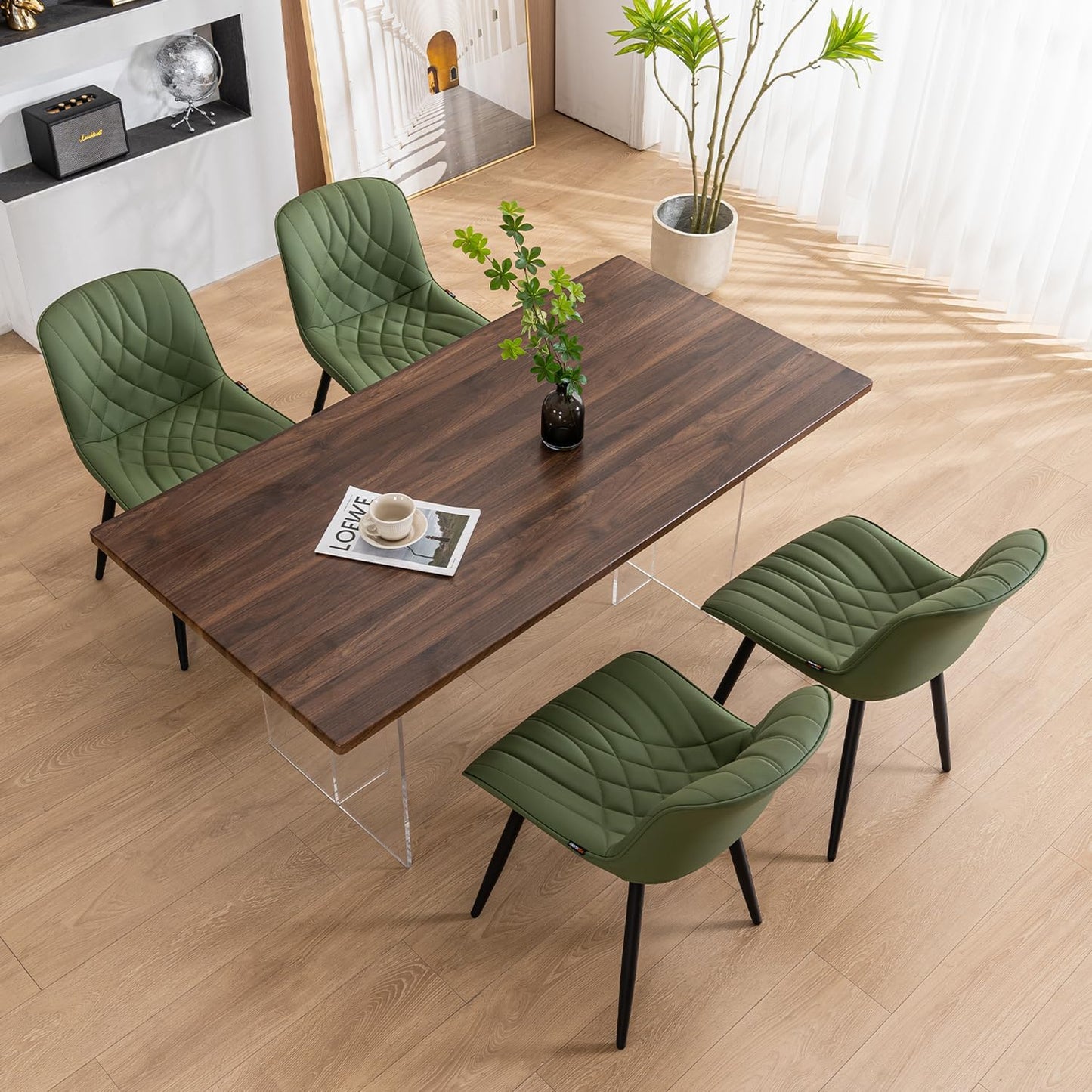 YOUNUOKE Dining Chairs Set of 2 Mid Century Modern Kitchen Chair Comfortable Upholstered Faux Leather Dinner Chairs for Kitchen Dining Room, Olive