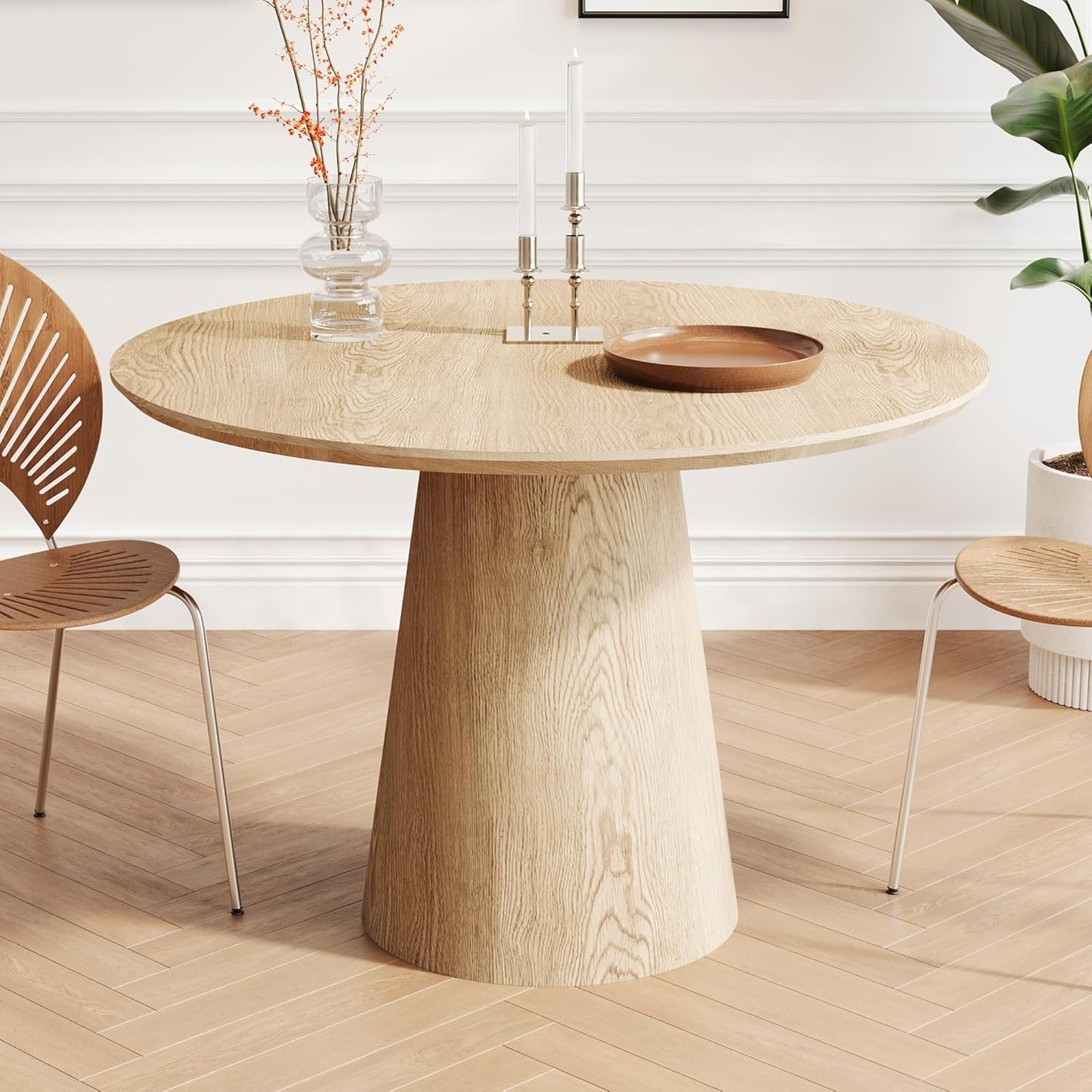 Round Dining Room Table for 4, 43'' Modern Farmhouse Kitchen Table with Round Pedestal, for Kitchen, Living Room, Cafe,Small Spaces, Apartment Wood