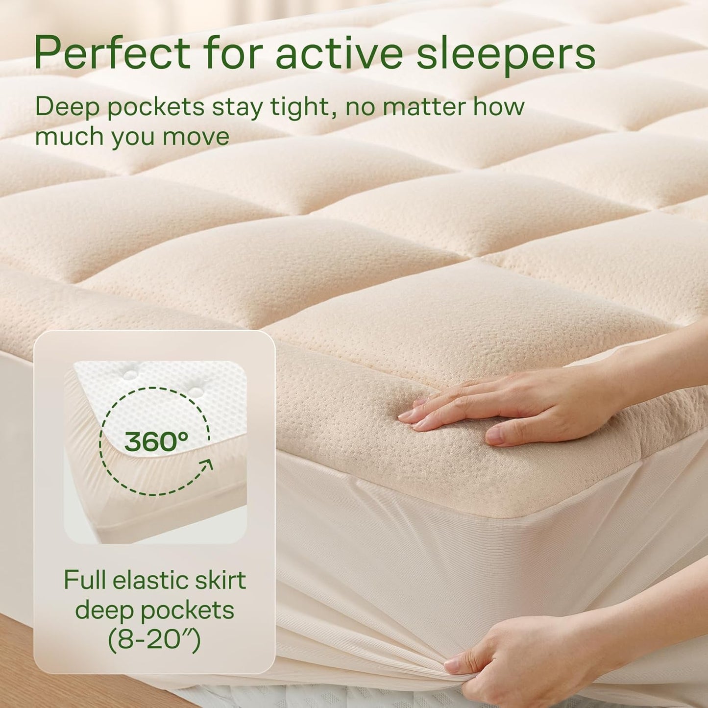 Ultra Soft Queen Size Mattress Topper - Viscose Made from Bamboo Pillow Top Mattress Pad for Back Pain Relief - Naturally Cooling for Hot Sleepers, Beige