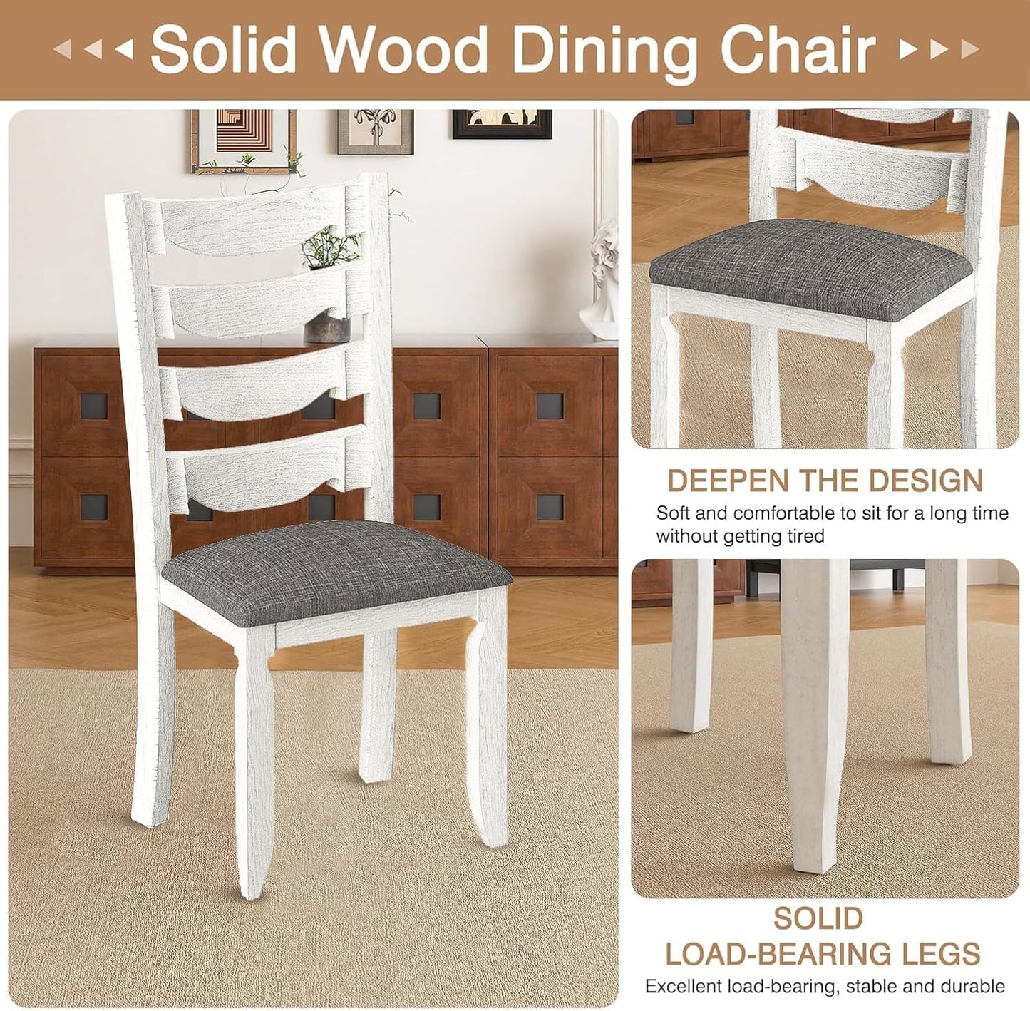 7-Piece Solid Wood Dining Table Set with 6 Upholstered Chairs - Easy Assembly Modern Design for Kitchen & Small Spaces, Durable Wooden Table and Chairs for Dining Room, Kitchen, Light Grey