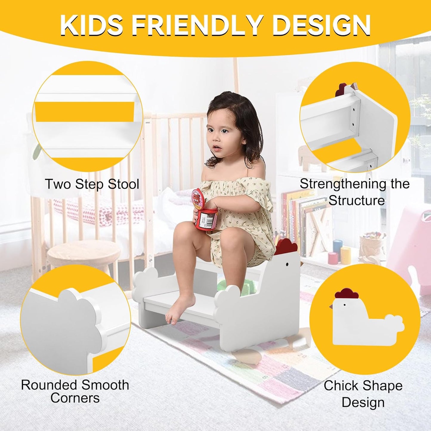 Wood Step Stools for Kids, Child Two Step Stool of Chick Shape, Toddler Step Stools Potty Training Stool, Easy to Move Safety for Kitchen, Bathroom, Bedroom, Toilet