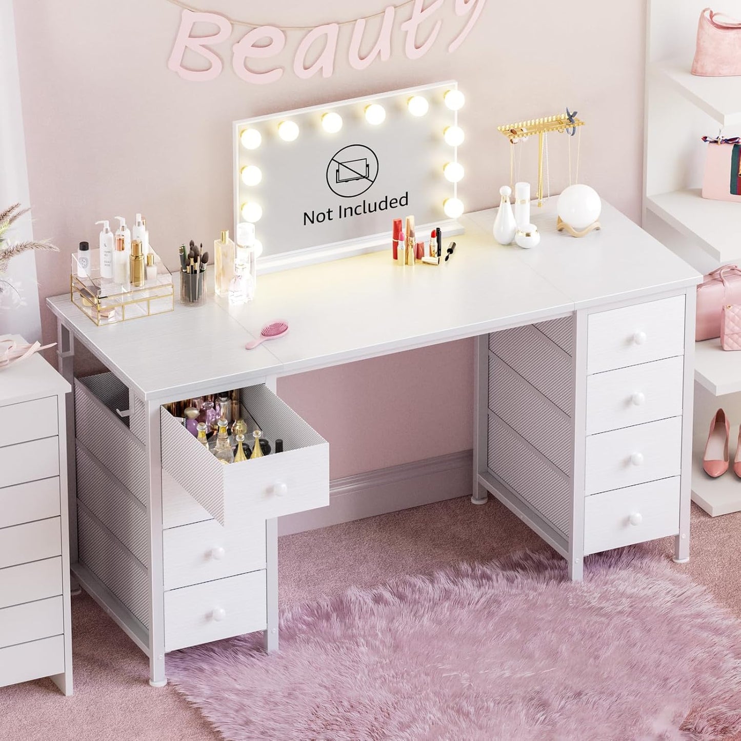 White Vanity Desk No Mirror - 47 Inch White Office Computer Desk with 8 Fabric Drawers on Both Sides for Girls, Makeup Work Writing Study Desks, Vanity Table No Mirror for Bedroom