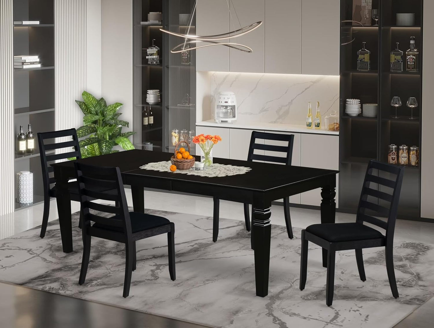 East West Furniture LGX15-BLK-24 -5 Piece Dining Set Includes a Rectangular Kitchen Table with Black Tabletop and 4 Stackable Polyester Fabric Chairs, Black