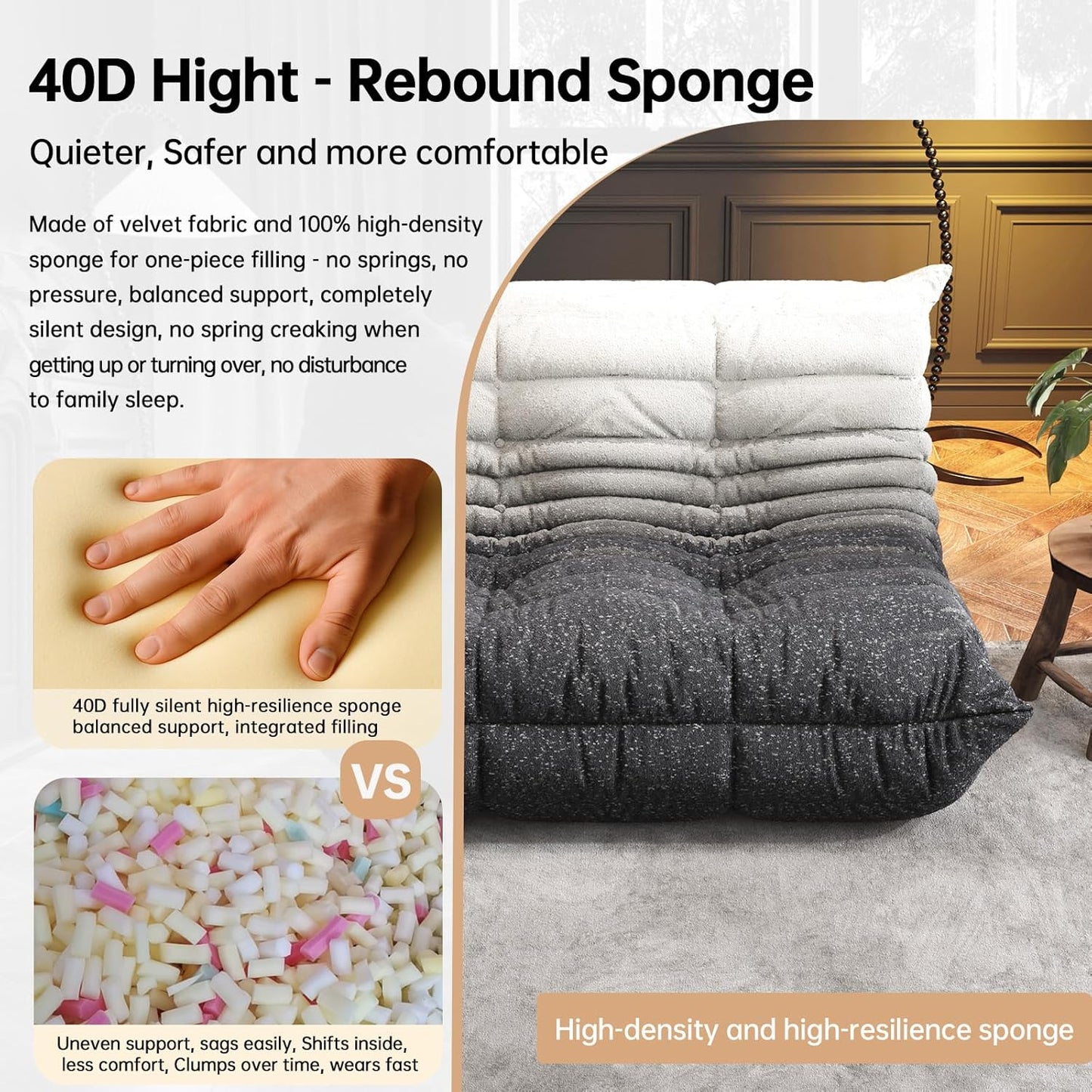 Bean Bag Chairs for Adults, Memory Foam Couch Loveseat Sofa Chair, Soft Teddy Material Cozy Comfy Reading Nook Chairs, Floor Chair for Living Room Bedroom Office(Black-White)