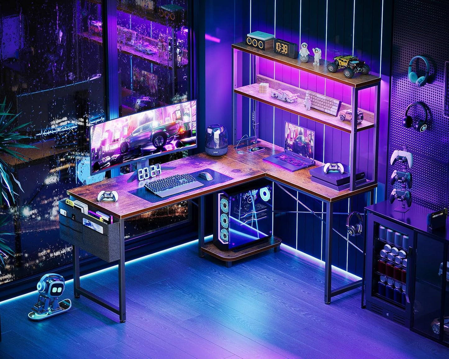 AODK L Shaped Desk Gaming Desk with LED Light & Power Outlet, 53 Inch Reversible L Shaped Computer Table with Shelf & Storage Bag & Hook for Home Office, Vintage