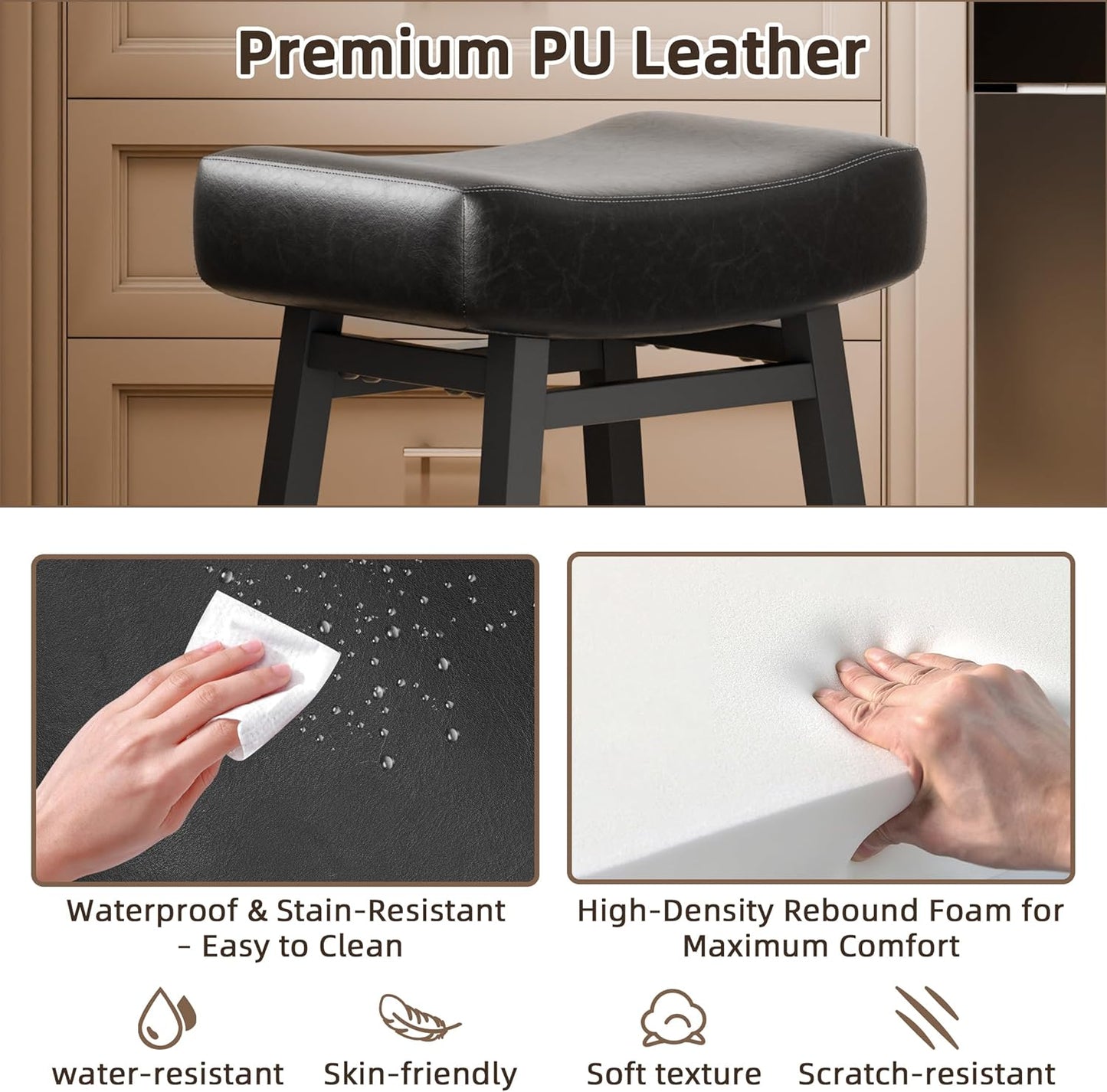 Counter Height Bar Stools Set of 3, 24 Inch Backless BarStools for Kitchen Island Leather Saddle Bar Chairs Kitchen Stools with 4" Thick Seats & Heavy Duty Metal Base, Black