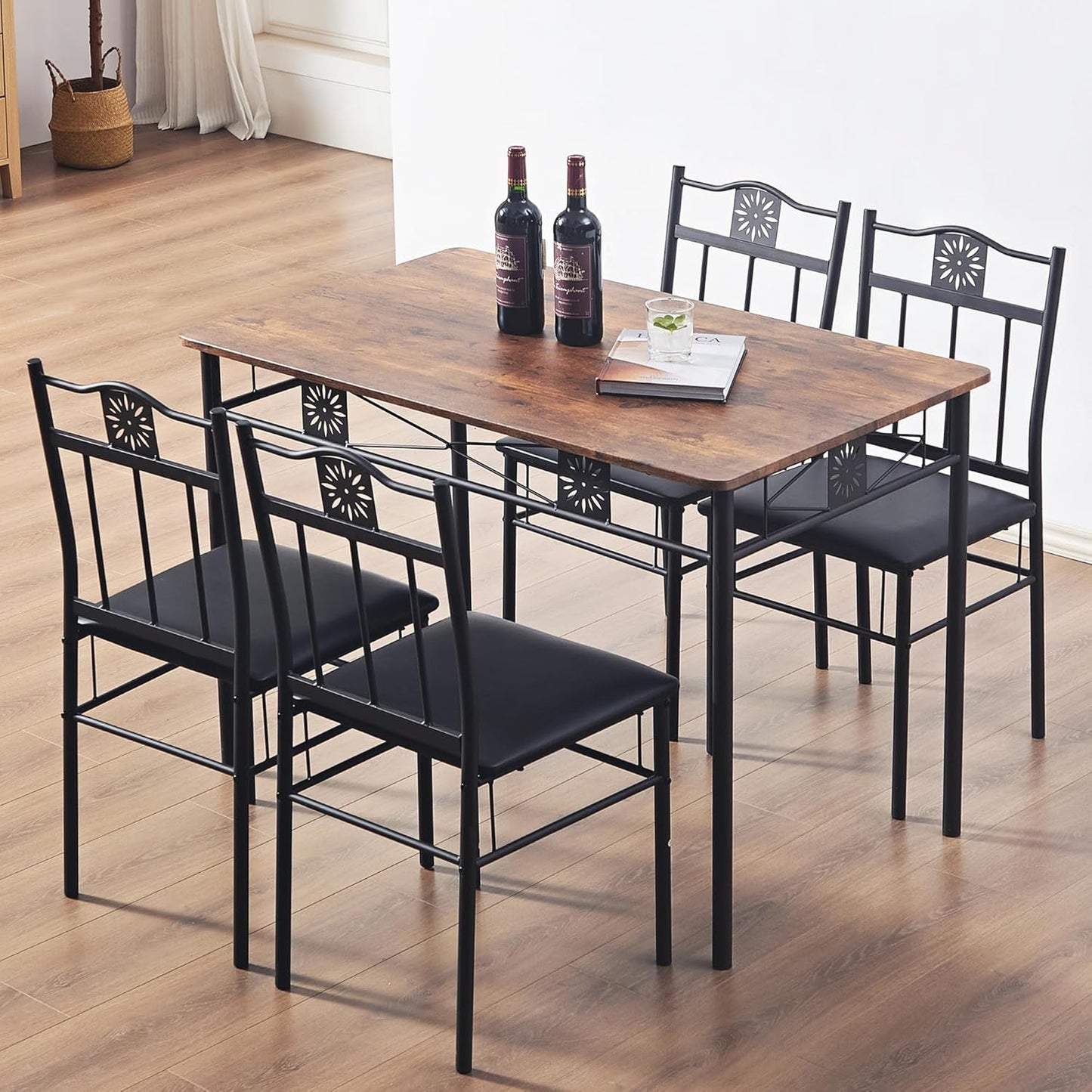 VECELO Kitchen Dining Room Table Sets for 4, 5 Piece Wood Rectangular Breakfast Nook, Dinette with PU Padded Chairs, Brown