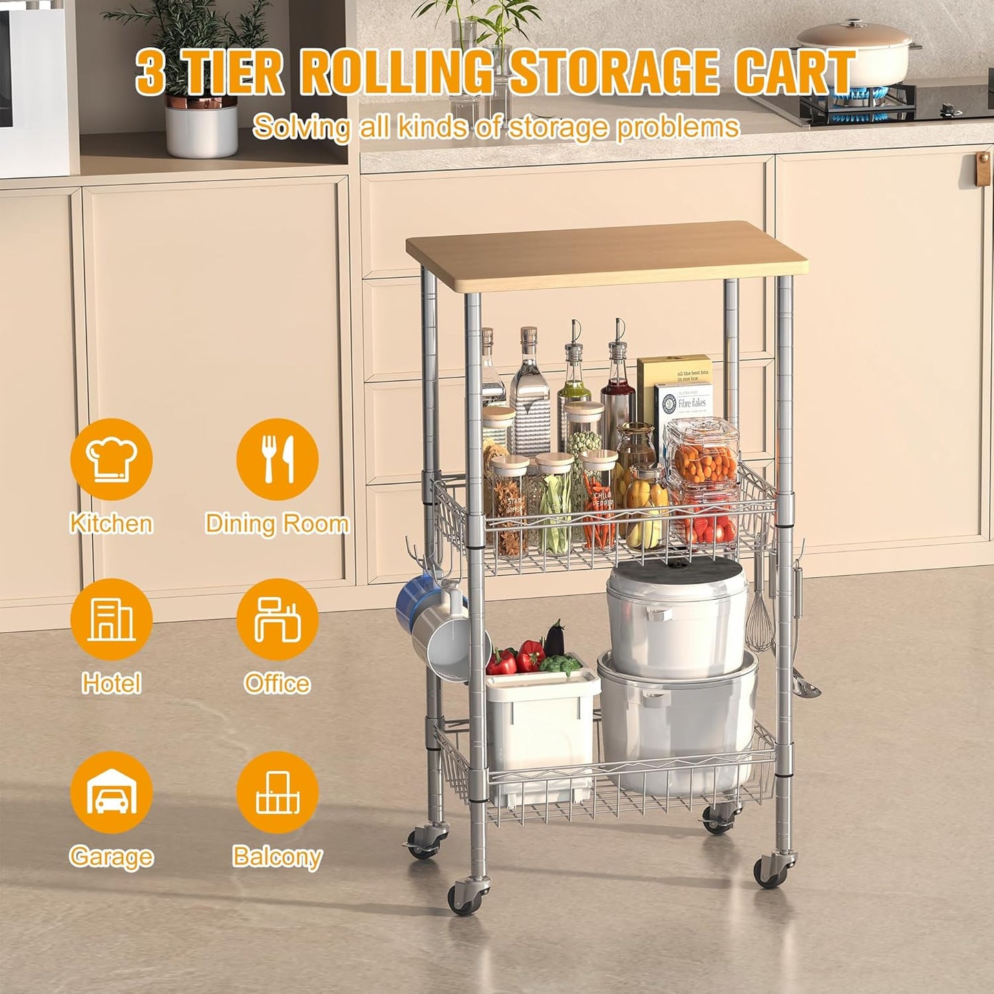 Rolling Kitchen Storage Cart, 3-Tier Storage Rack on Caster Wheels with Adjustable 2 Baskets, Coffee Station Cart Rack Shelf Organizer for Living Room Office, Balcony, Chrome/Silver
