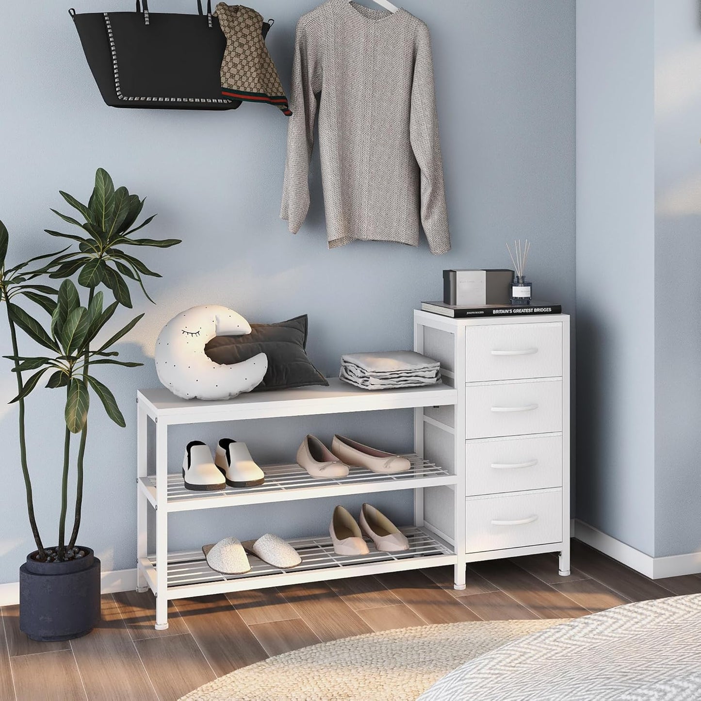 EXOTICA 3-Tier Shoe Storage Bench White Entryway Shoe Rack with 4 Drawers and Seating Shoe Shelf Storage Cabinet for Hallway Front Door Doorway Living Room Mudroom Steel Frame