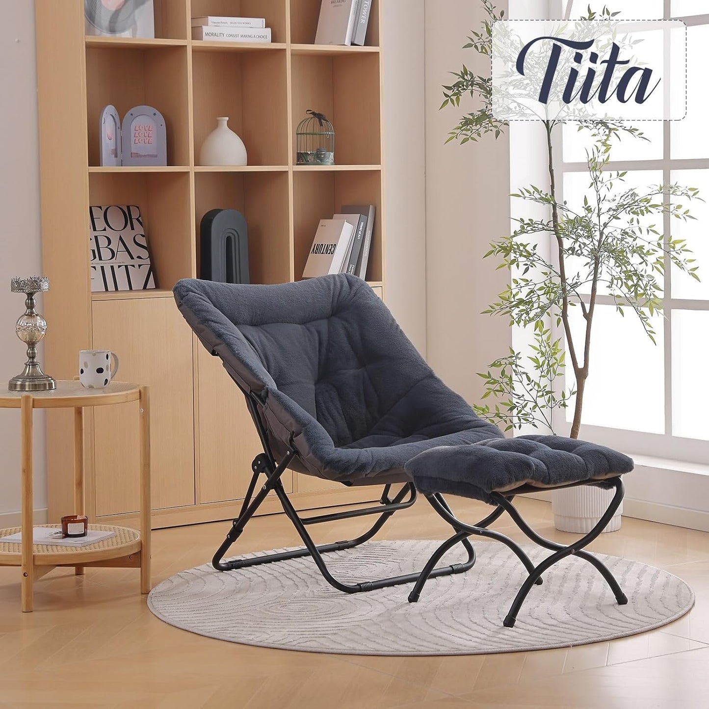 Tiita Folded Chair with Ottoman, Soft Faux Fur Oversized Folding Accent Chair,Lounge Lazy Chair, Metal Frame Moon Chair for Bedroom, Living Room, Dorm Rooms, Garden and Courtyard