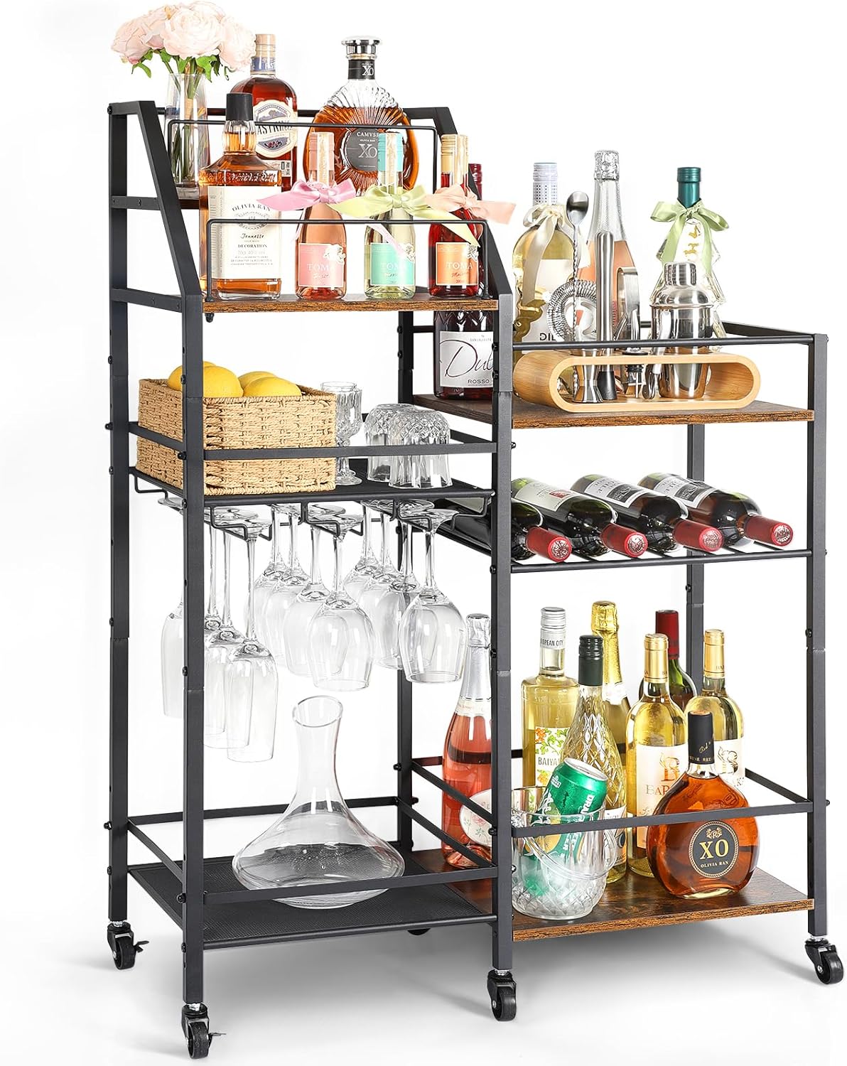 VINAEMO Rolling Bar Cart with Wine Glass Holder, Mini Bar for Whiskey Wine, Liquor Cart for Home, Alcohol Cabinet for Kitchen, Dining Room