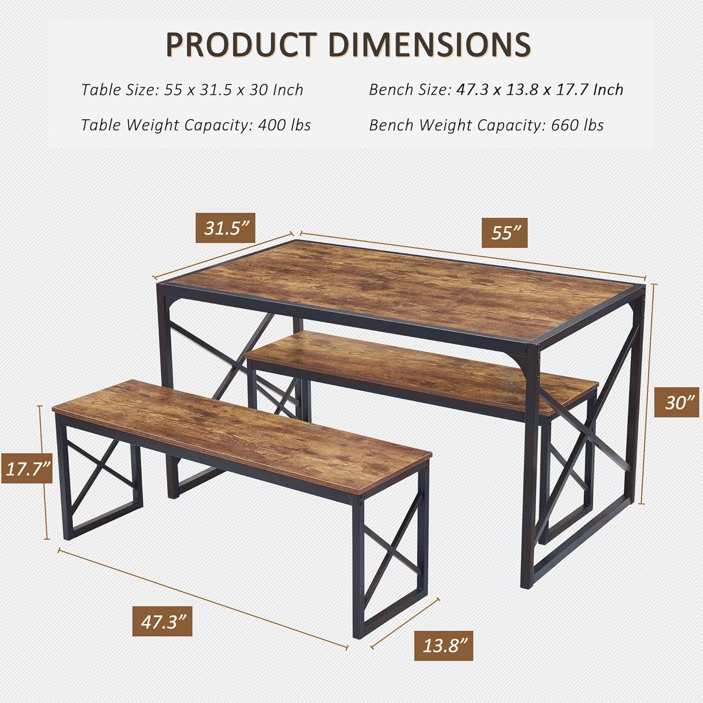 VECELO Kitchen Dining Table Set for 4 to 6, 55" Wood Dinette 2 Benches with Metal Frame for Dinner Breakfast Nook and Small Space, Brown
