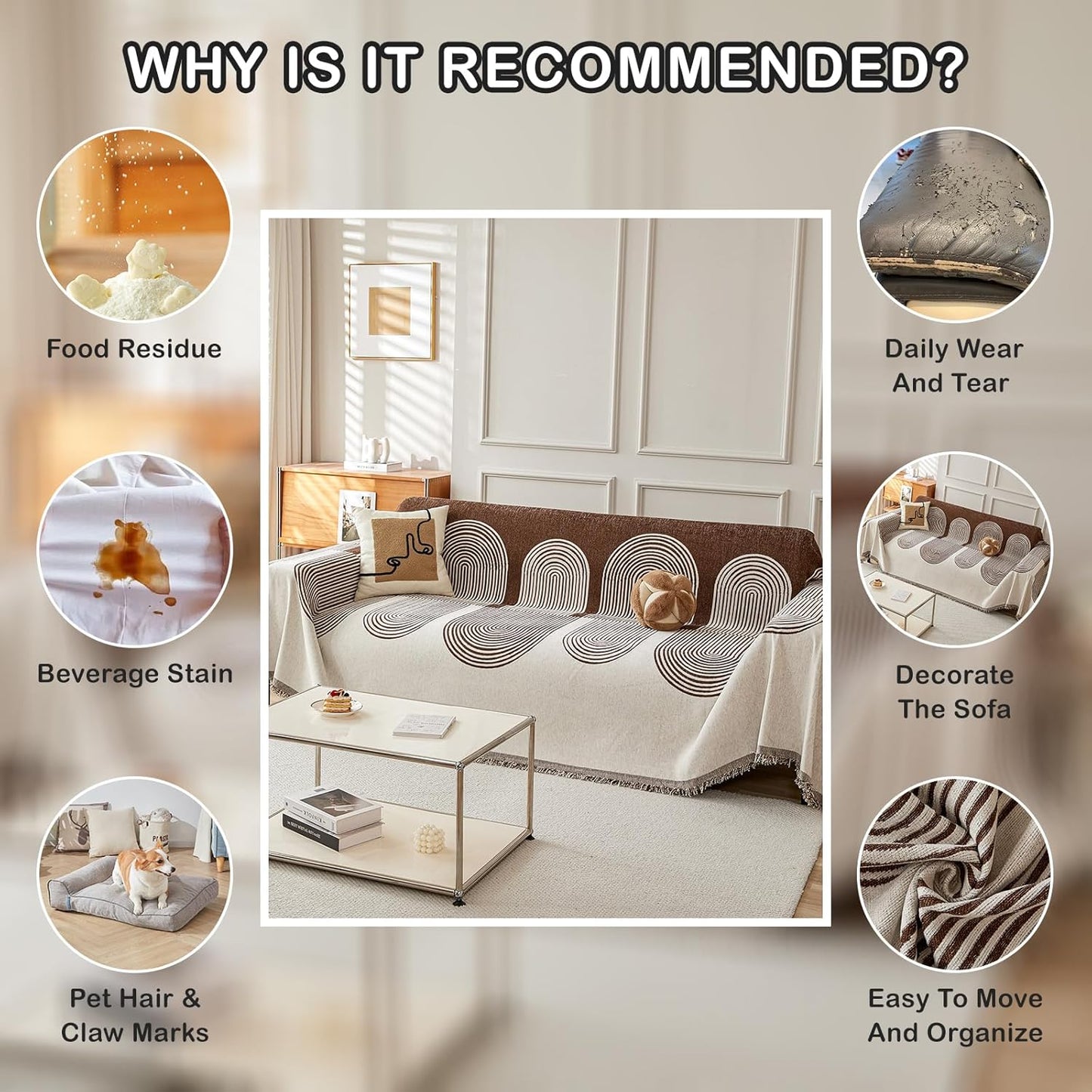 STACYPIK Soft Boho Chenille Couch Cover for Pets Beige Khaki Sofa Cover for 3 Cushion Couch Non Slip Furniture Protector with Tassels Geometric Couch Cover L Shaped Pet Friendly Washable-71x134IN