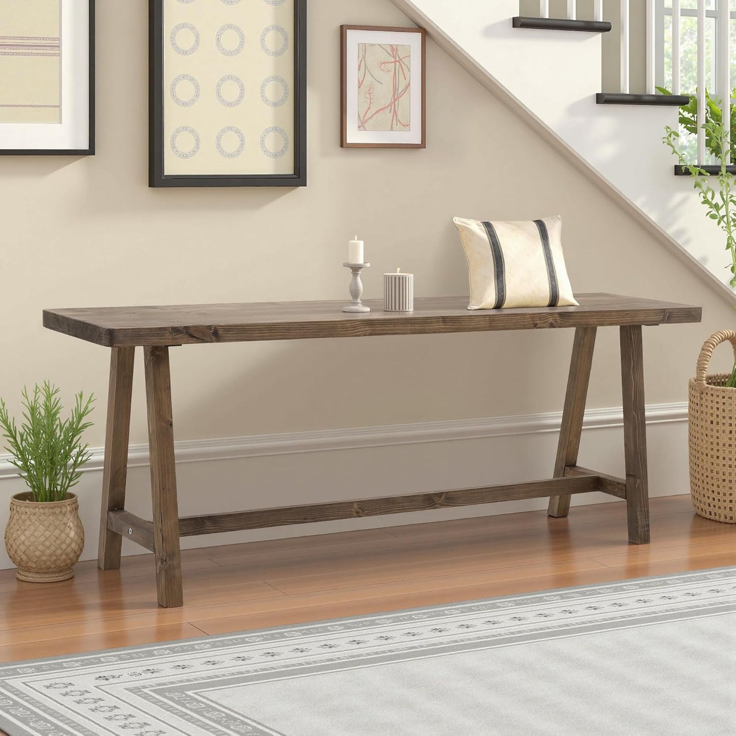 Warmiehomy Solid Wood Bench, 47.2” Rustic Farmhouse Entryway Bench for Living Room Dining Room Hallway Closet Room, Indoors & Outdoors Bench