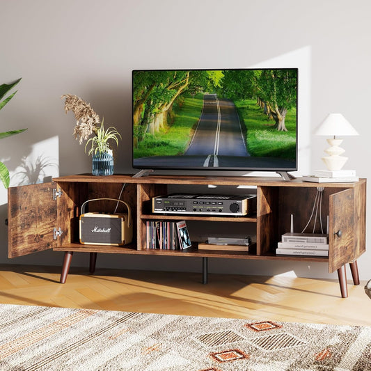 Sweetcrispy TV Stand for 55 60 inch TV, Modern Mid Century Entertainment Center with Storage Cabinet, Media Console Table for Living Room, Soft Hinge, Handle Door, Wooden Office Furniture, Brown