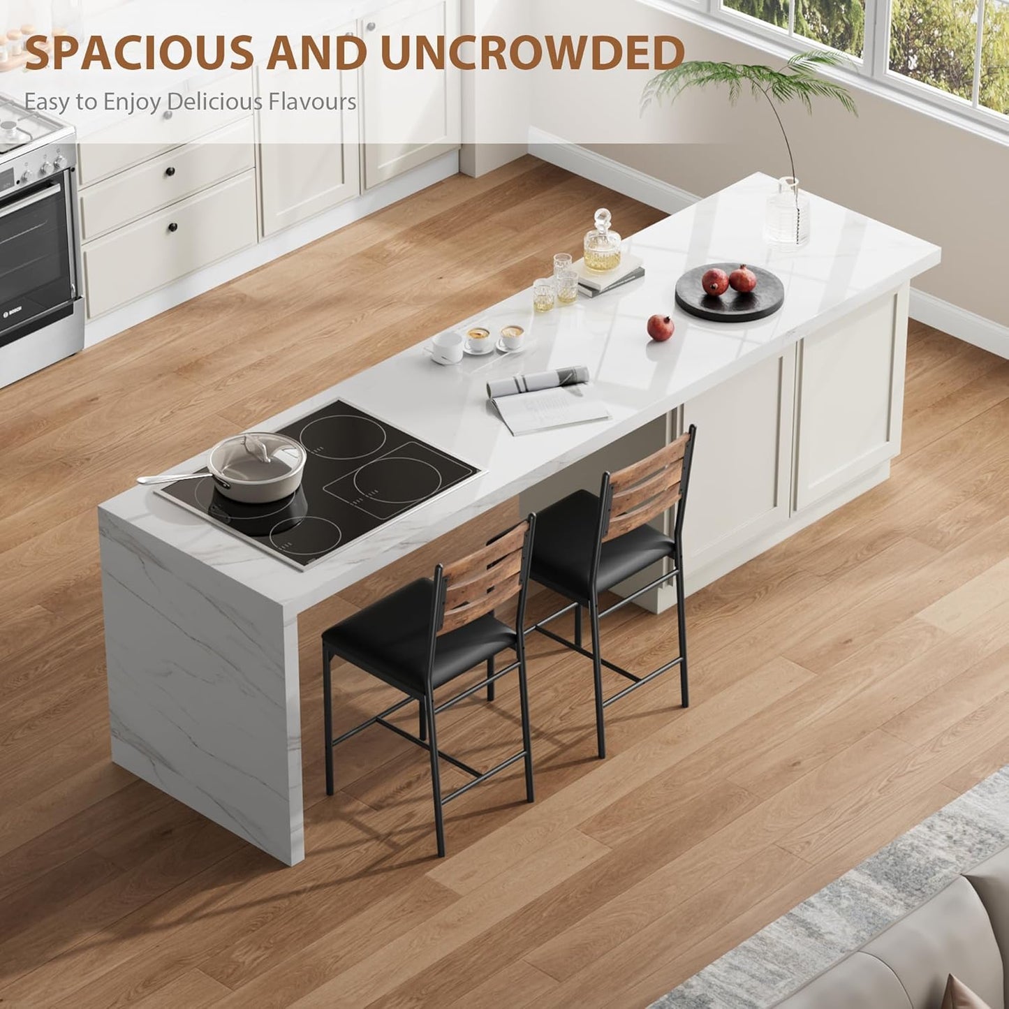 GarveeHome Bar Stools Set of 2, Wooden Barstools, Faux Leather Upholstered Bar Chair with Back & Footrest & Thick Cushion, Counter Height Bar Stools for Kitchen Island Apartment, Brown