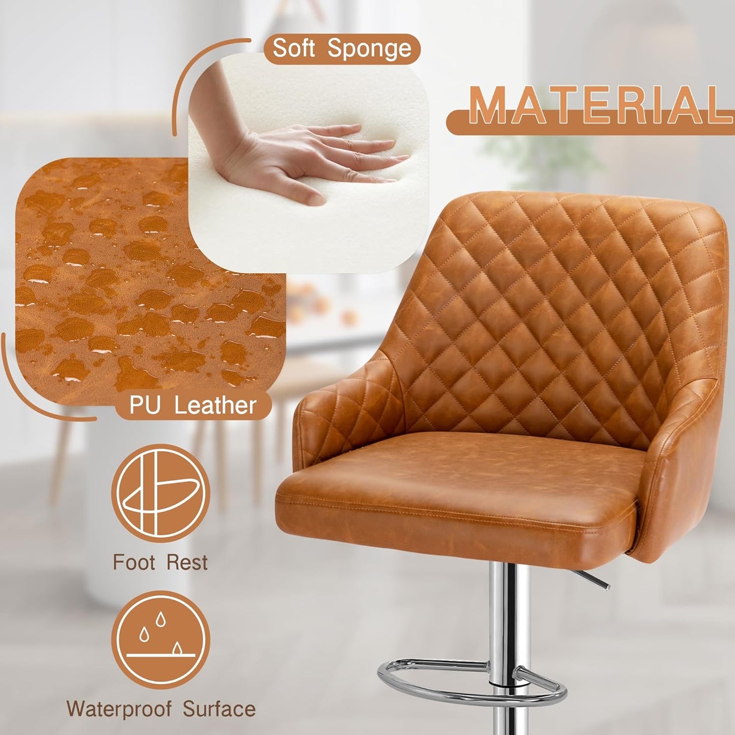 VECELO Adjustable Bar Stools Set of 2, Bar Height Stools for Kitchen Counter,Brown