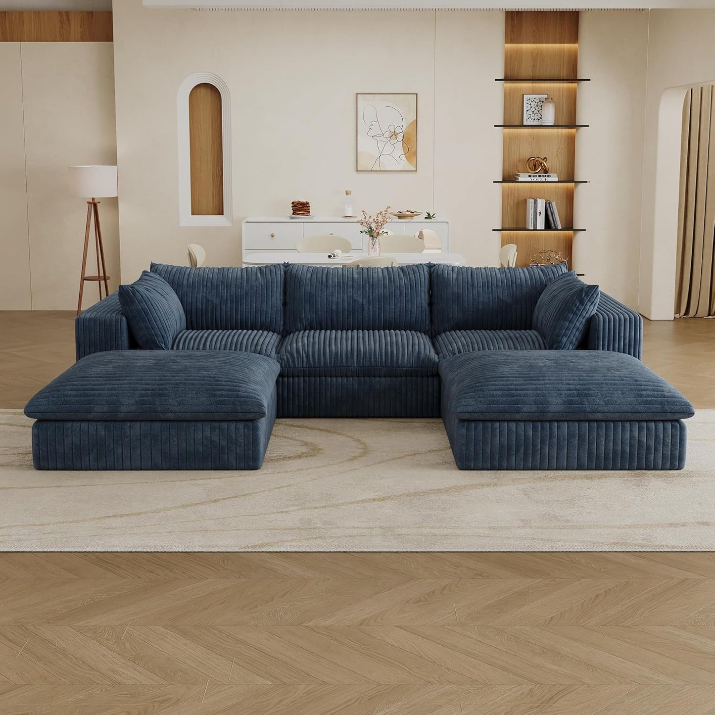 Down Filled Boneless Sectional Sofa Cloud Couch with Movable Ottomans, 118 inch Convertible U Shaped Lounge Couch w/Deep Seat, Fluffy Corduroy Upholstered Compress Modular Sofa