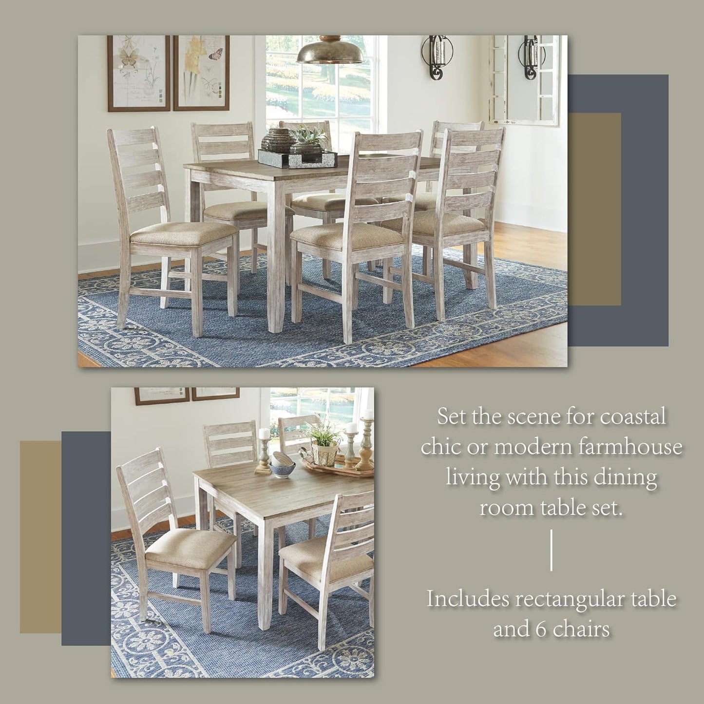 Signature Design by Ashley Skempton Cottage Dining Room Table Set with 6 Upholstered Chairs, Whitewash