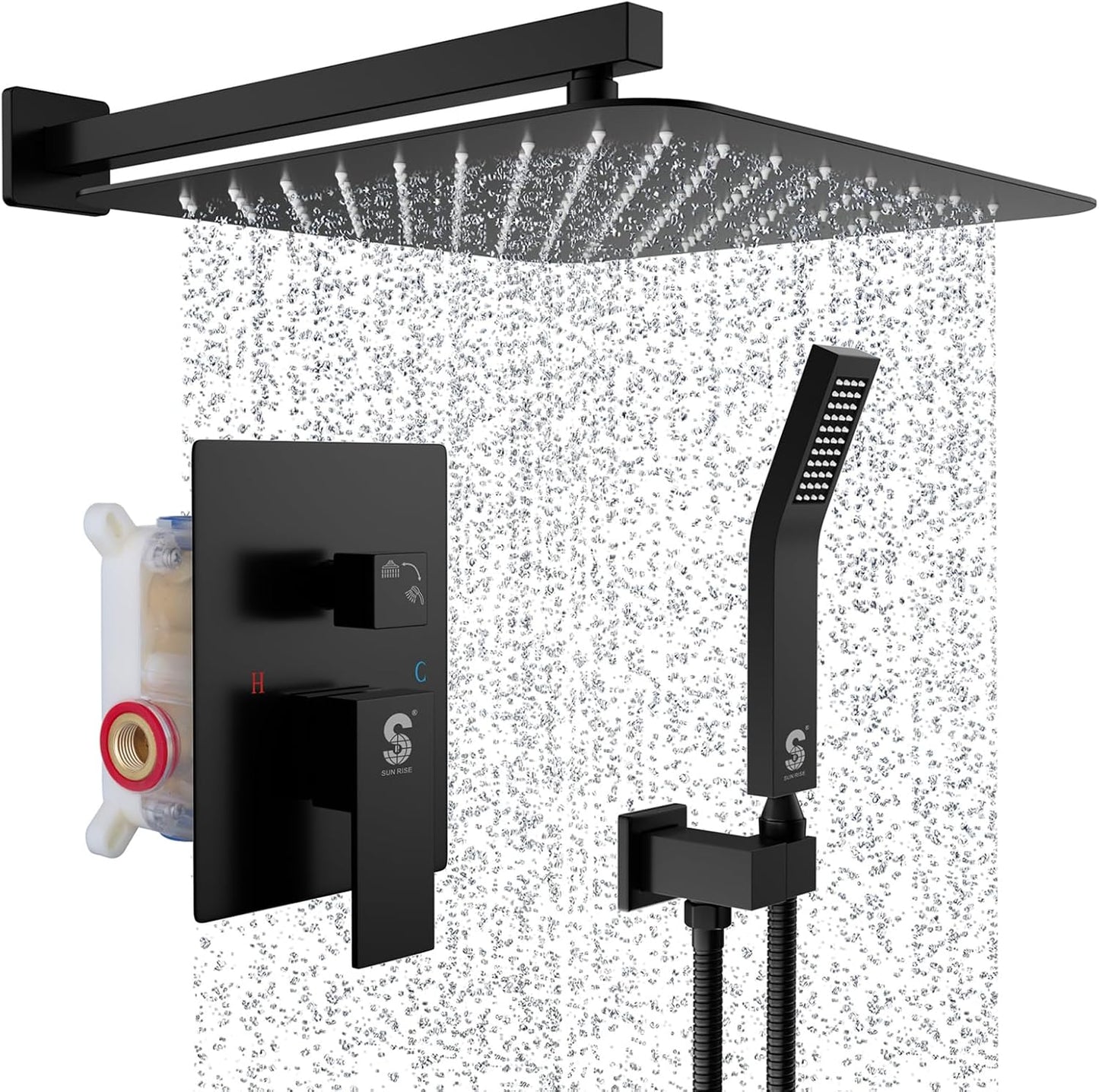SR SUN RISE Matte Black Square Rainfall Shower Head and Handle Set, Wall Mounted Shower Fixtures, Metal Shower Faucet Trim Repair Kits (With Shower Valve) 16 Inches
