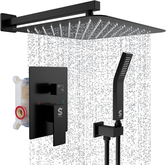 SR SUN RISE Matte Black Square Rainfall Shower Head and Handle Set, Wall Mounted Shower Fixtures, Metal Shower Faucet Trim Repair Kits (With Shower Valve) 16 Inches