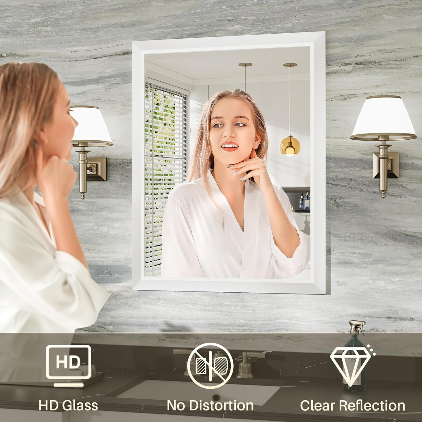 24x36 Inch White Bathroom Mirror for Wall, Thick Metal Framed Rectangle Mirrors for Over Sink, Bedroom, Living Room, Entryway, Anti-Rust, HD Tempered Glass