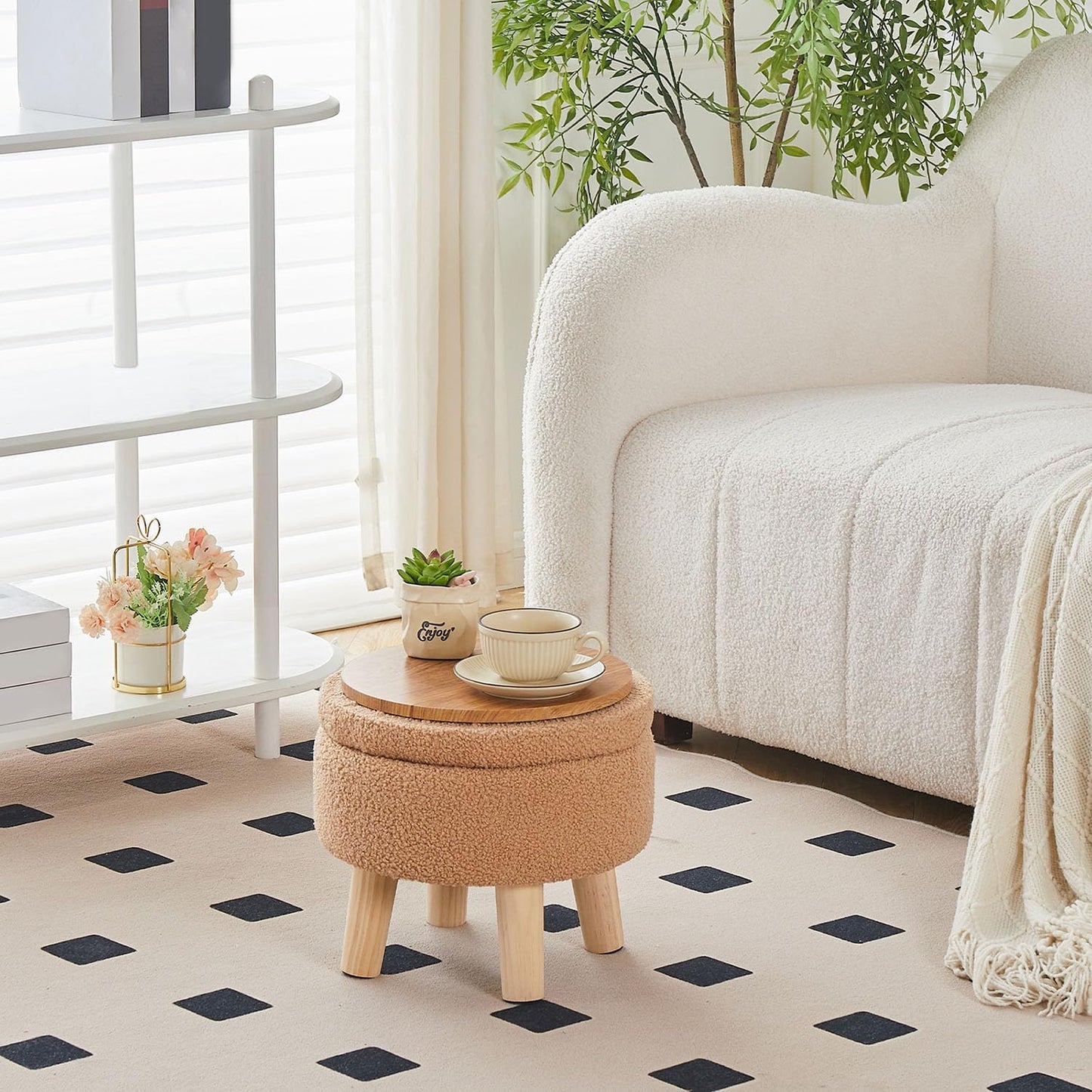 Wimarsbon Storage Ottoman, Modern Round Footrest with Soft Padded Seat, Teddy Velvet Footstool with Wood Legs, Accent Small Table or Plant Stand for Hallway, Living Room (Champagne)