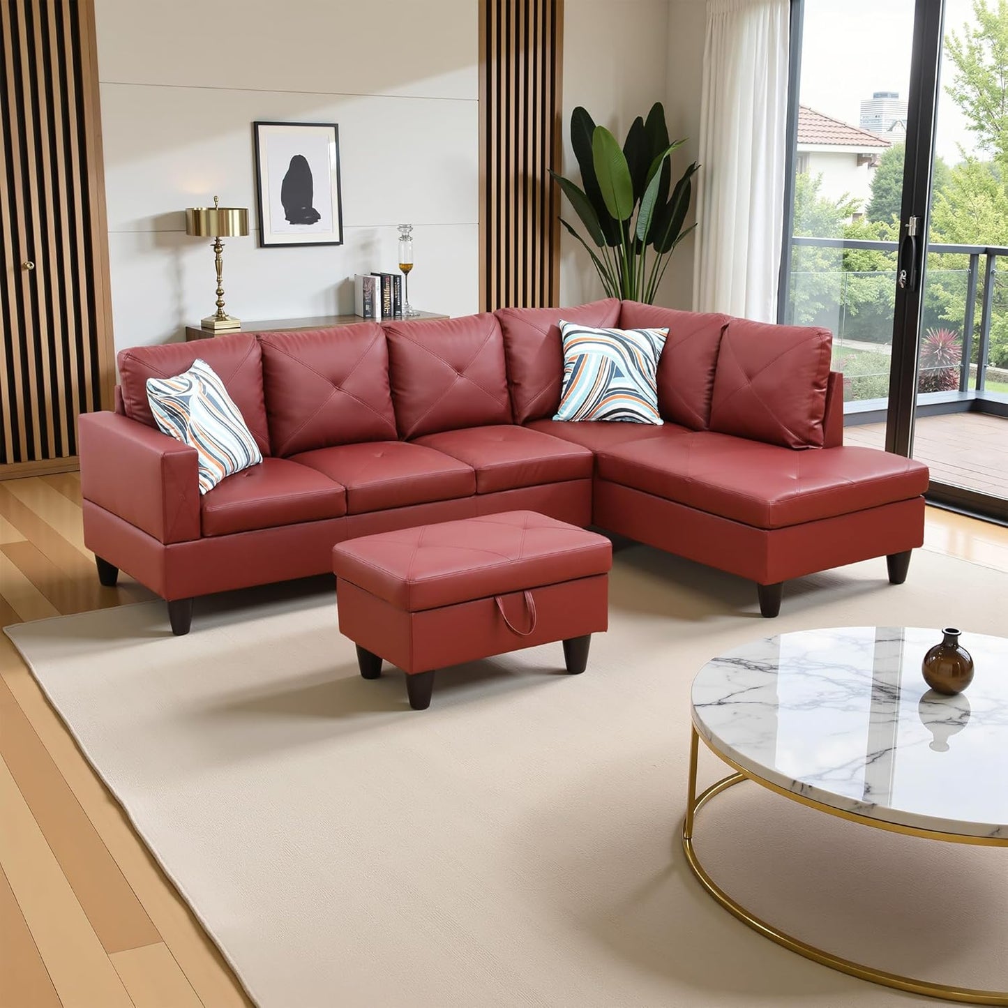 97" Oversized Sectional Couch, L Shaped Couch with Storage Ottoman, Modern Modular Sofa with Deep Seat, Sectional Couches for Living Room and Office, Red (Faux Leather)