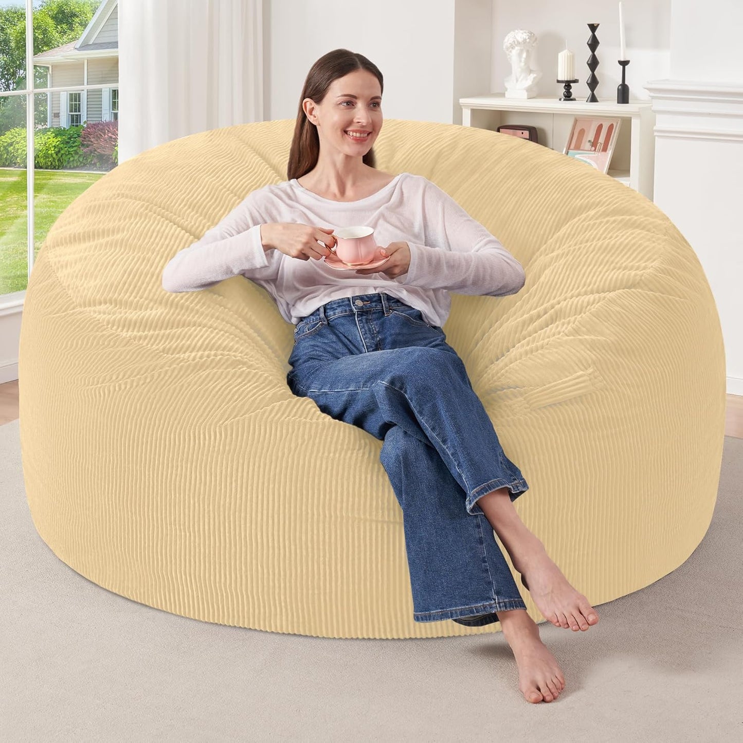 HABUTWAY 5FT Bean Bag Chair,Giant Bean Bag Chairs for Adults,Big Bean Bags with Memory Foam Filled, Large Beanbag Chairs with Soft Corduroy Cover-Khaki