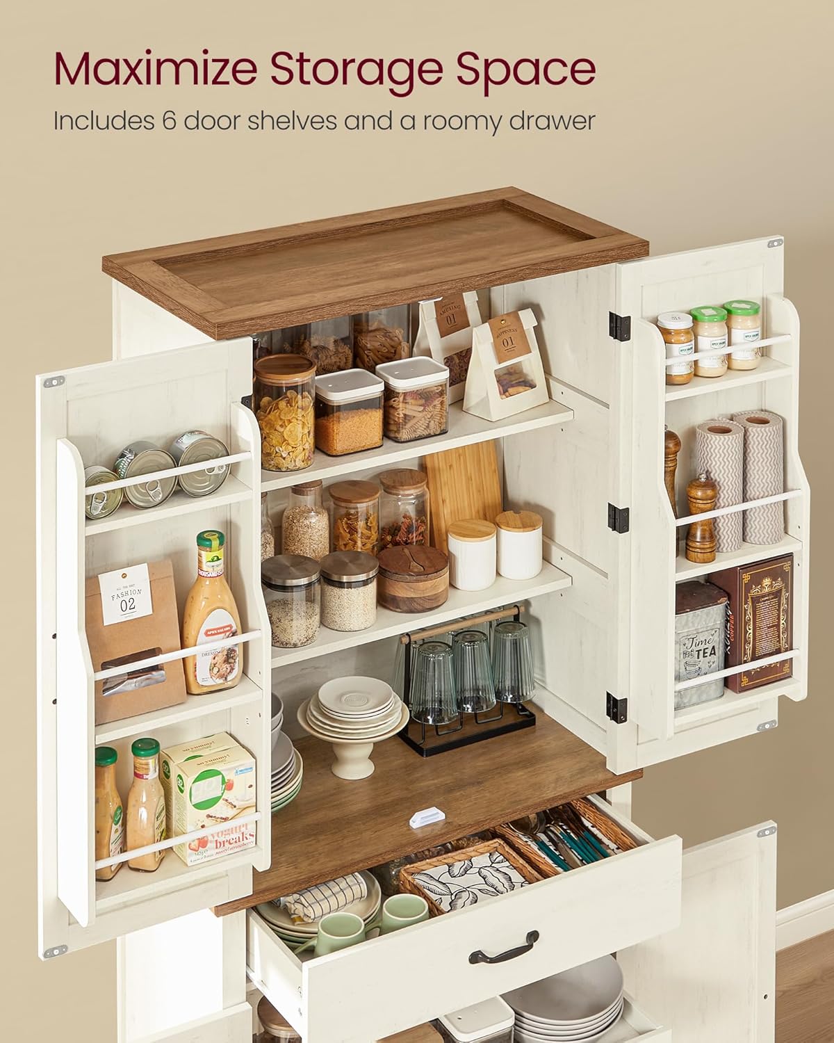 VASAGLE LIRY Collection - Pantry Cabinet, 70.3-Inch Tall Farmhouse Kitchen Storage Cabinet with Barn Doors, Drawer, Tray, Adjustable Shelves, for Kitchen, Dining Room, Rustic White UBBK364W01