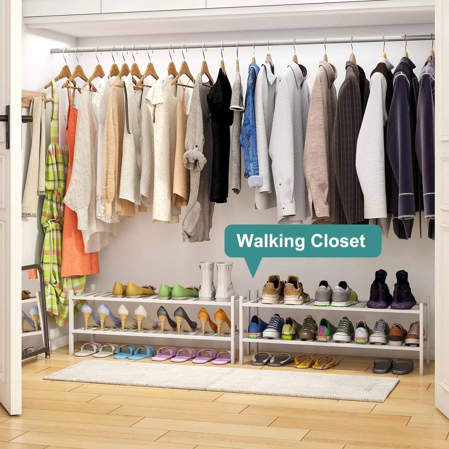 Long Shoe Rack for Entryway,Shoe Organizer for Hallway Closet, Bamboo Wood Shoe Racks for Indoor Outdoor (White, 2-Tier Long)