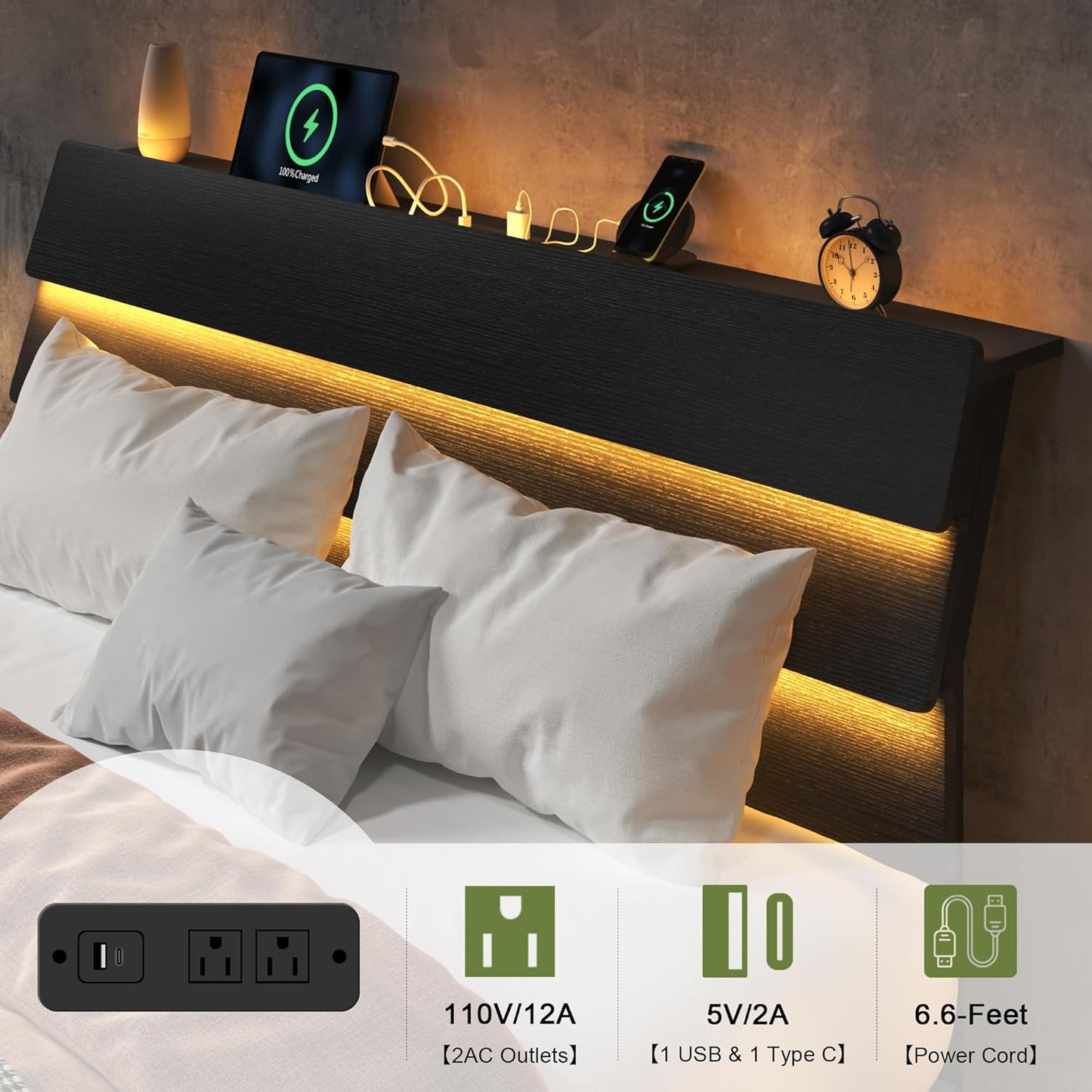 Feonase Floating Bed Frame King with Led Lights and Charging Station, Wood Full Size Bed Frame with Storage Headboard, Heavy Duty Metal Slats, No Box Spring Needed, Easy Assembly,Black