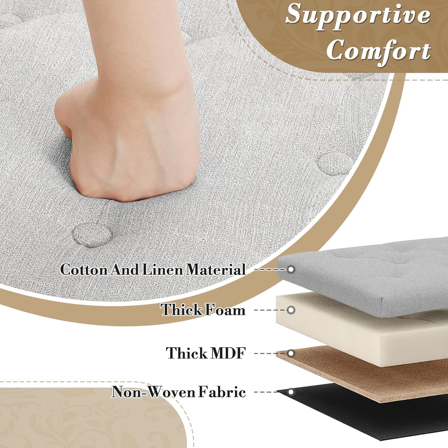 Athena Collection 24.5 Inch Small Ottoman with Storage, Round Linen Fabric Storage Ottoman Foot Rest with Removable Lid, Multipurpose Footstool Footrest for Livingroom, Bedroom, Dorm, Grey