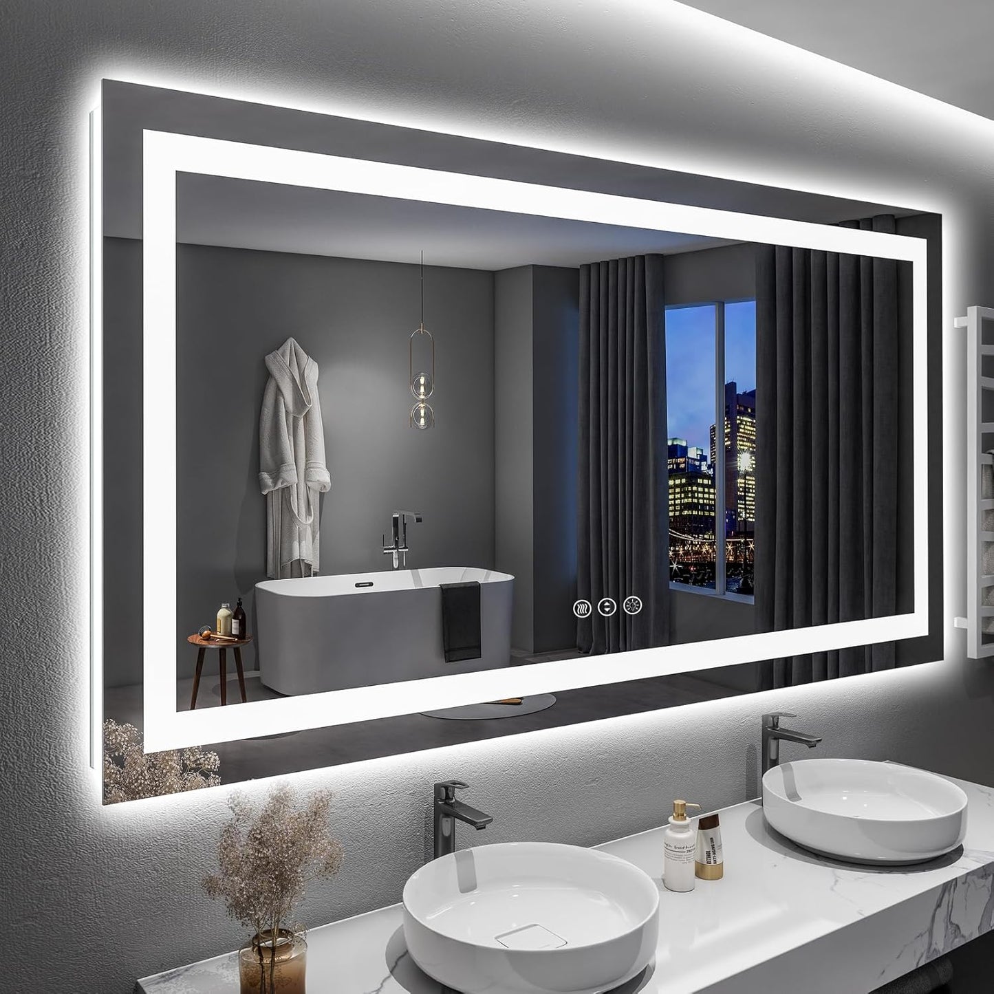 60x36 Inch LED Bathroom Mirror with Lights Front and Backlit Lighted Vanity Mirror for Bathroom Wall with 3 Colors Dimmable Anti-Fog Memory Shatter-Proof IP54 Waterproof Horizontal/Vertical