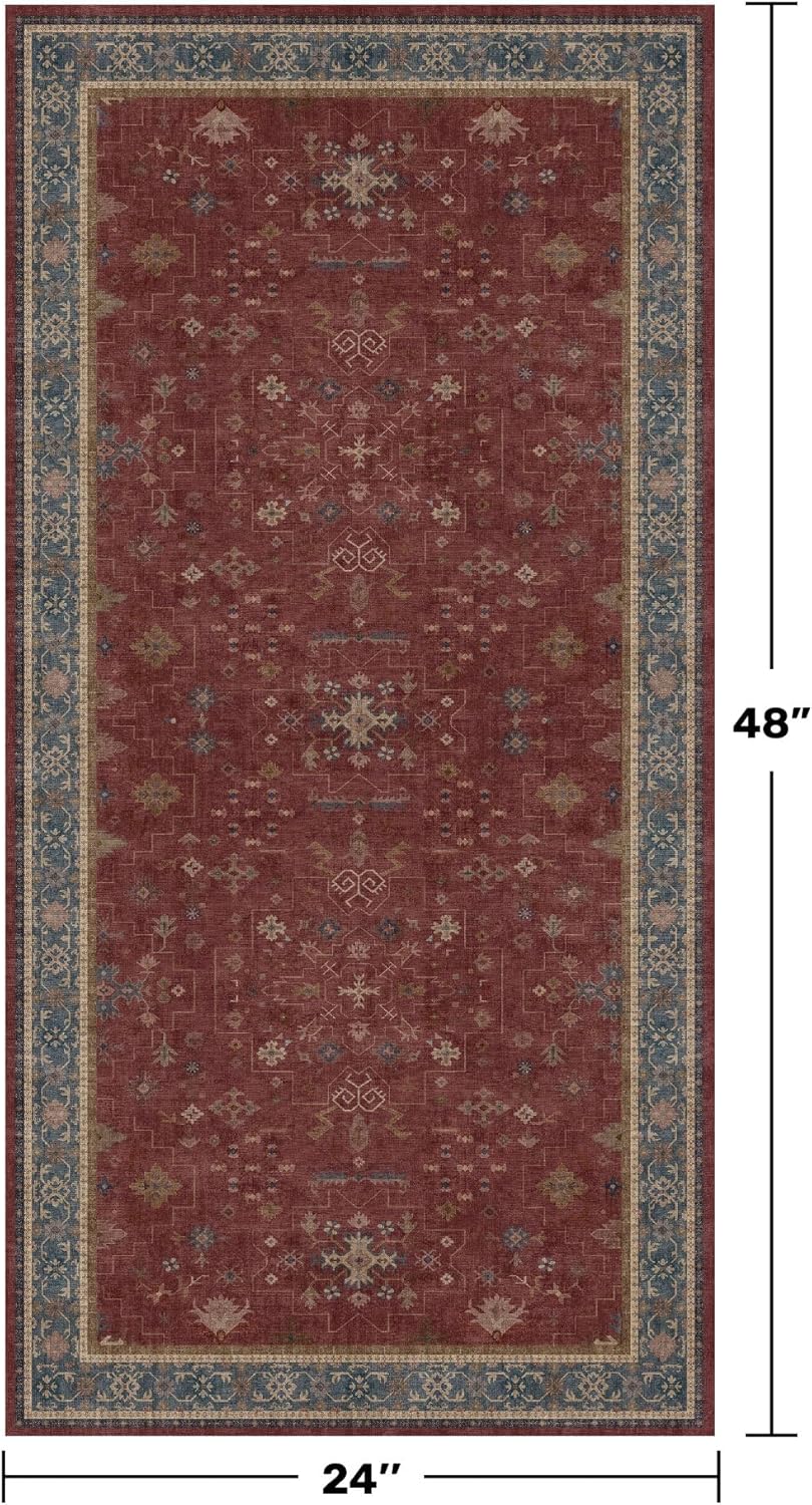 Burgundy 2x4 Washable Entry Rug for Inside House, Kitchen Floor, Thin Door Mats for Inside Entry, Washable Non Slip Low Pile Stain & Fade Resistant, Modern Eclectic Floral Decor